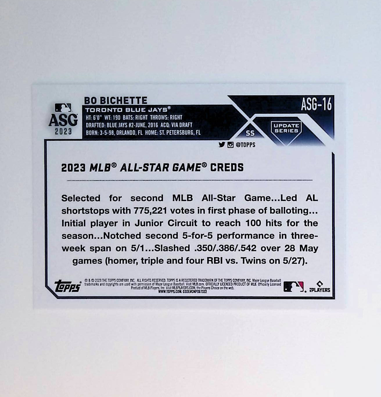 Bo Bichette 2023 Topps Update '23 All-Star Game #ASG-16 - LoCo Collectables