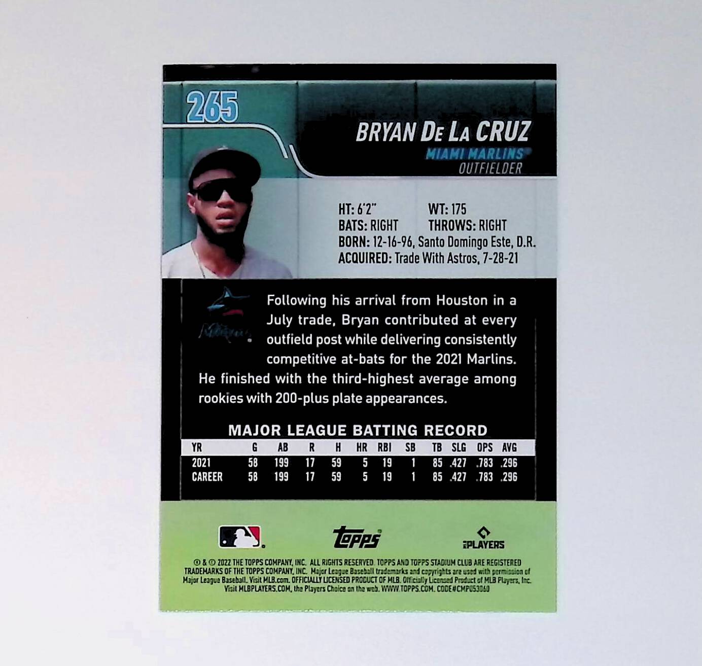 Bryan De La Cruz 2022 Stadium Club #265 (Rookie Card) - LoCo Collectables