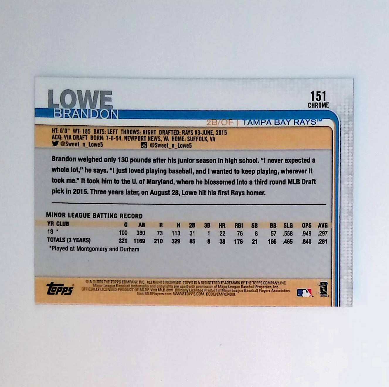 Brandon Lowe 2019 Topps Chrome #151 (Rookie Card) - LoCo Collectables