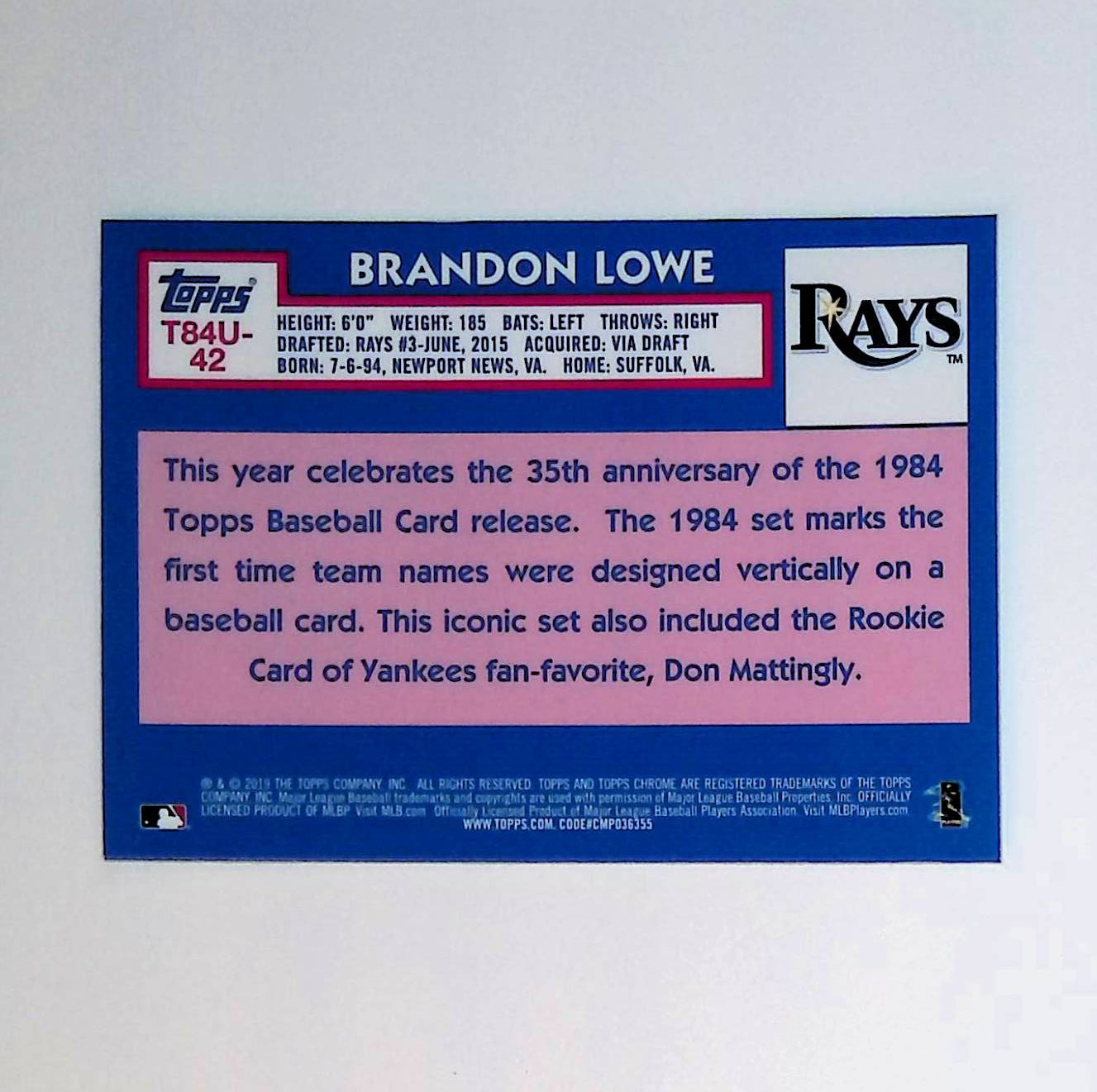 Brandon Lowe 2019 Topps Update '84 Topps Silver Pack Chrome #T84U-42 (Rookie Card) - LoCo Collectables