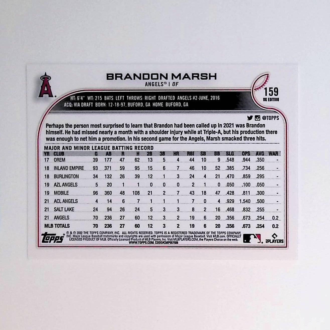 Brandon Marsh 2022 Topps UK #159 (Rookie Card) - LoCo Collectables