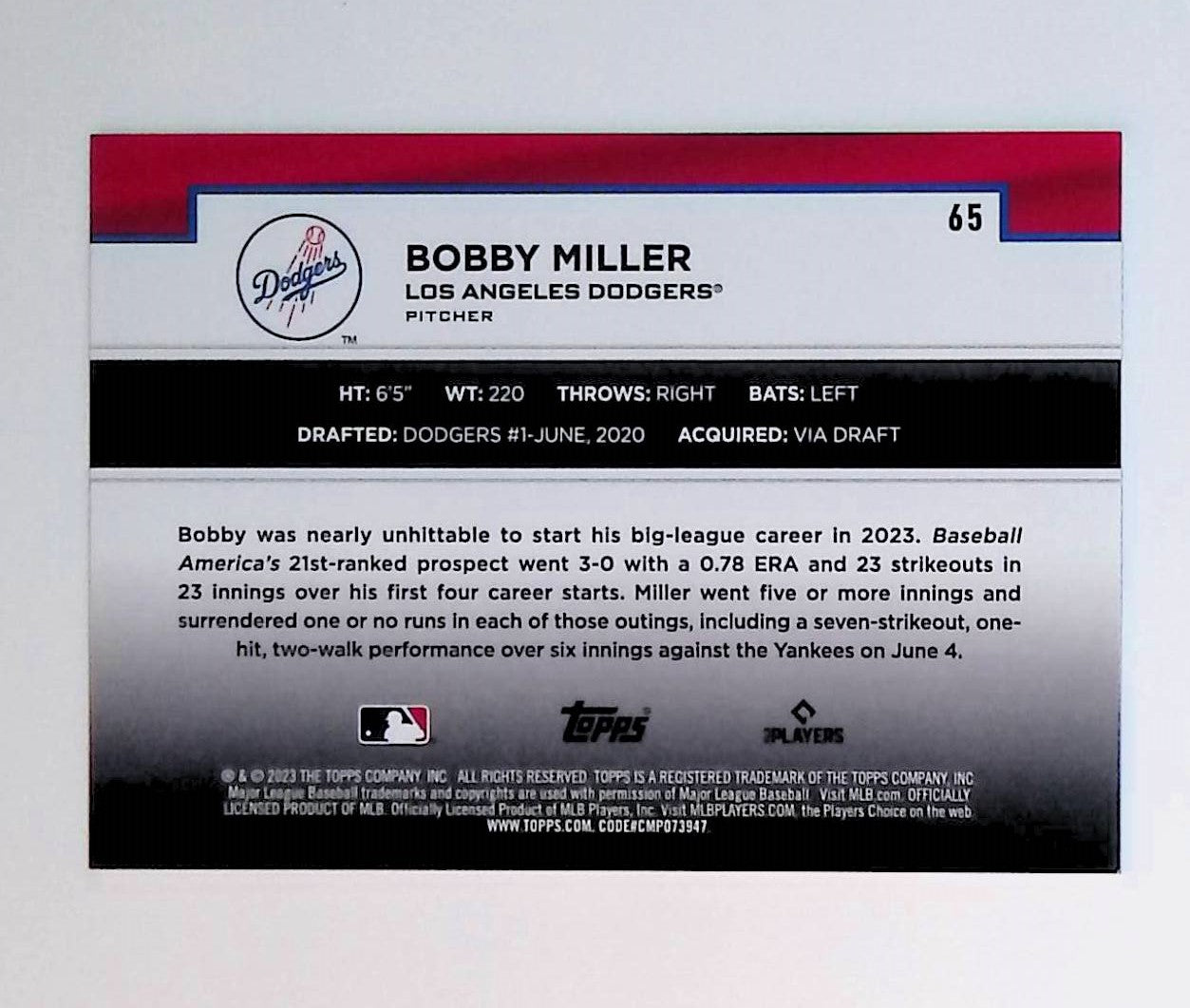 Bobby Miller 2023 Topps Flagship Collection #65 (Rookie Card) - LoCo Collectables