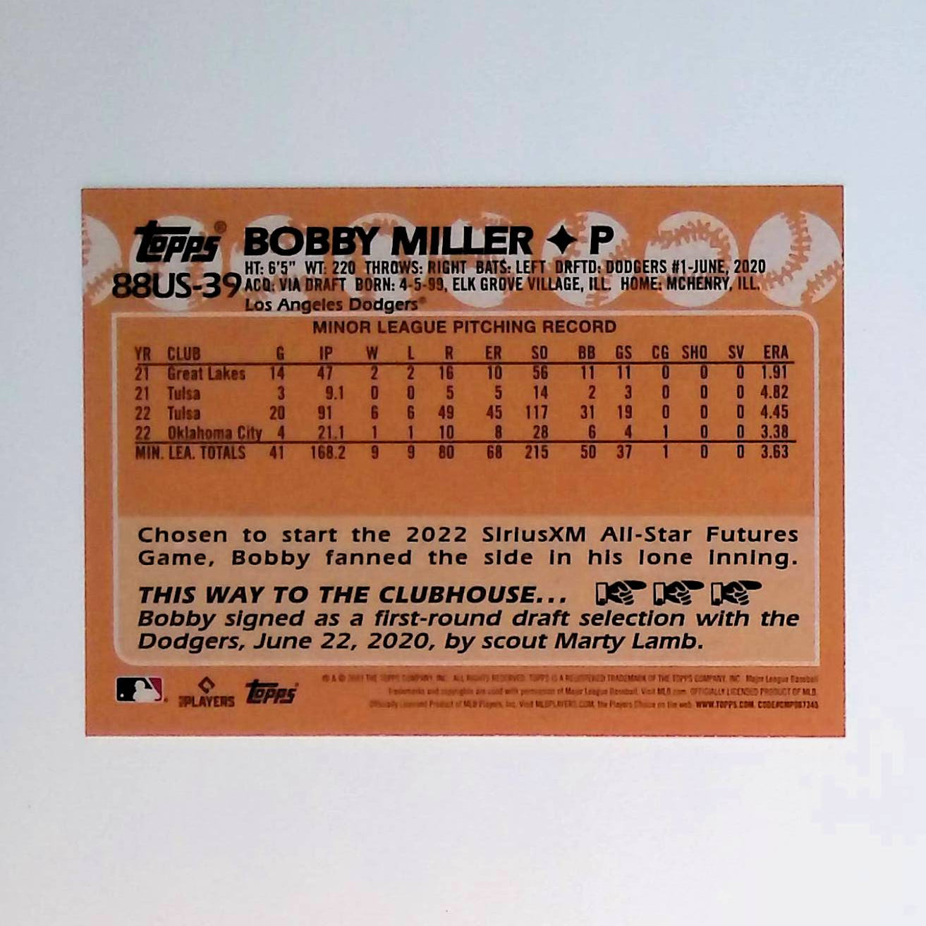 Bobby Miller 2023 Topps Update '88 Topps #88US-39 (Rookie Card) - LoCo Collectables