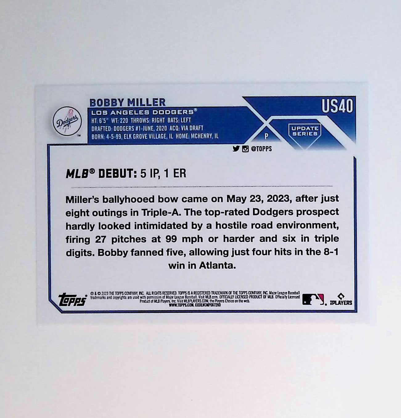 Bobby Miller 2023 Topps Update #US40 (Rookie Card) - LoCo Collectables