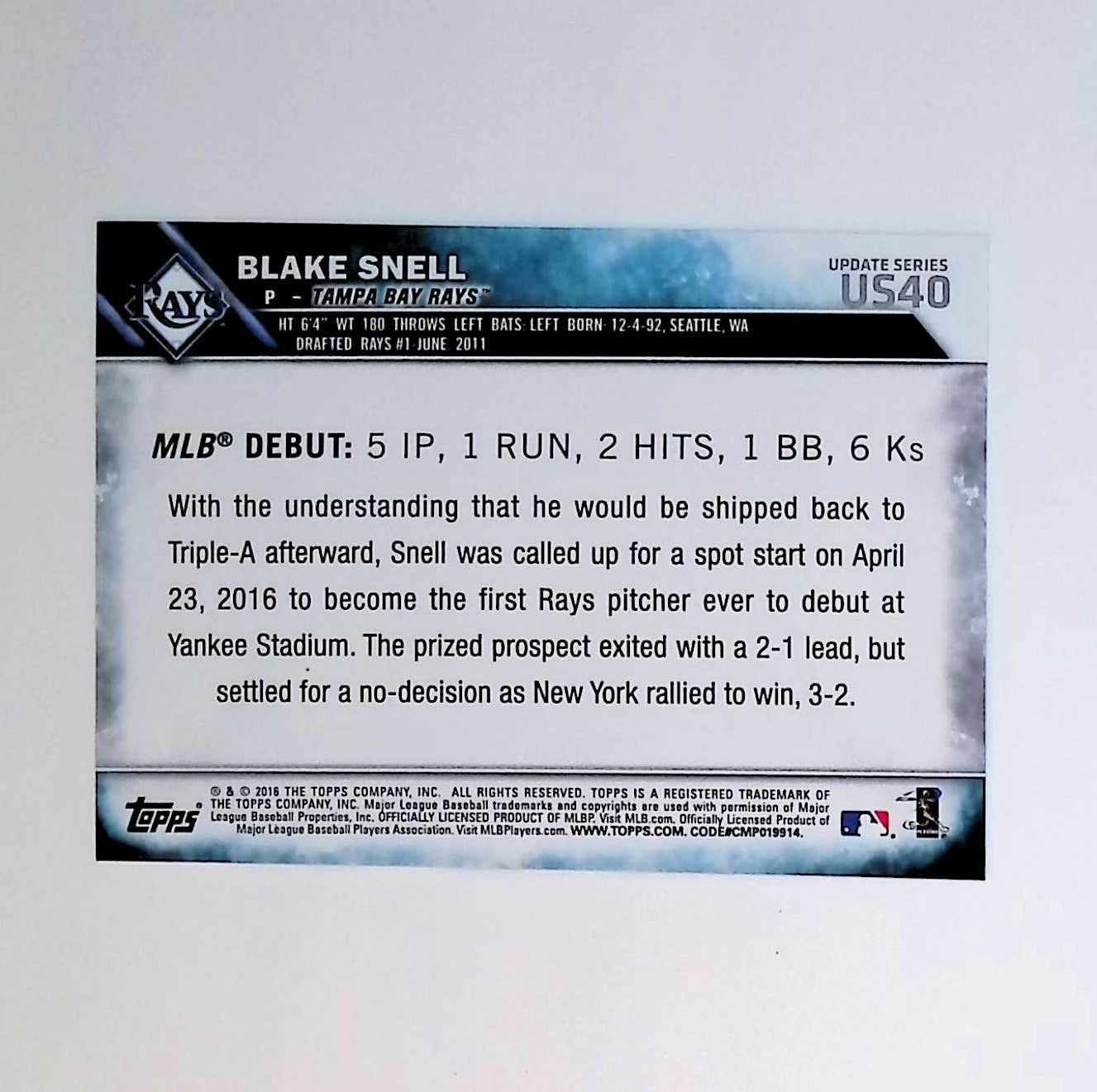 Blake Snell 2016 Topps Update #US40 (Rookie Card) - LoCo Collectables