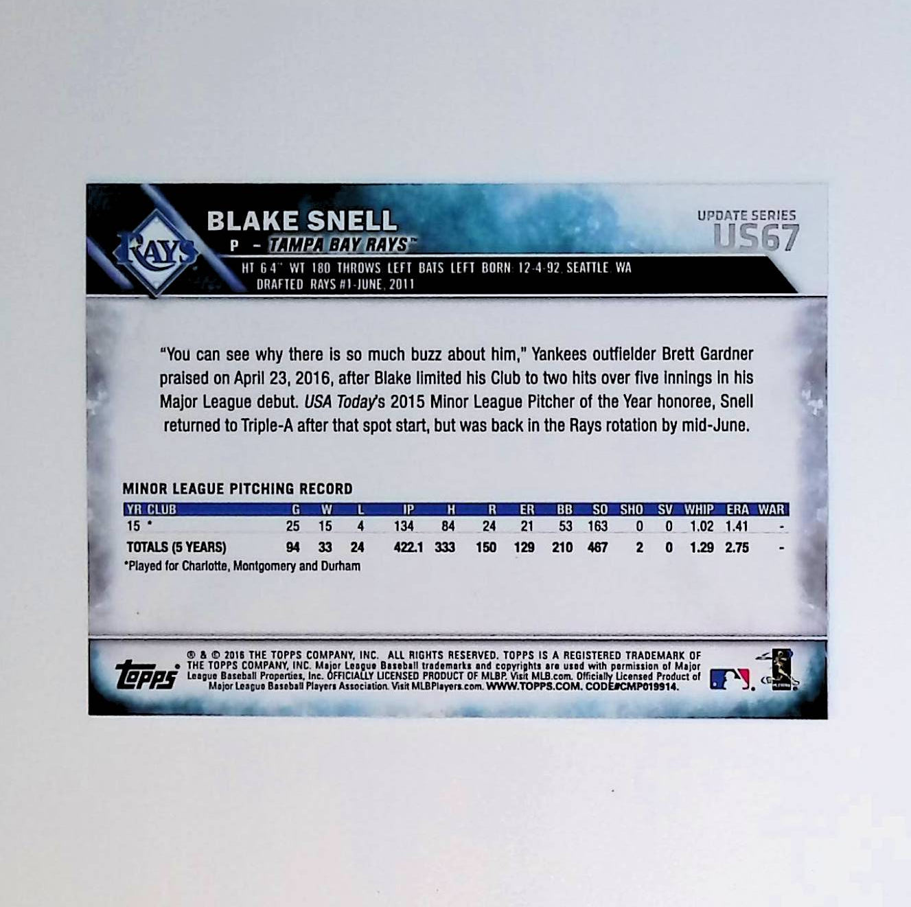 Blake Snell 2016 Topps Update #US67 (Rookie Card) - LoCo Collectables