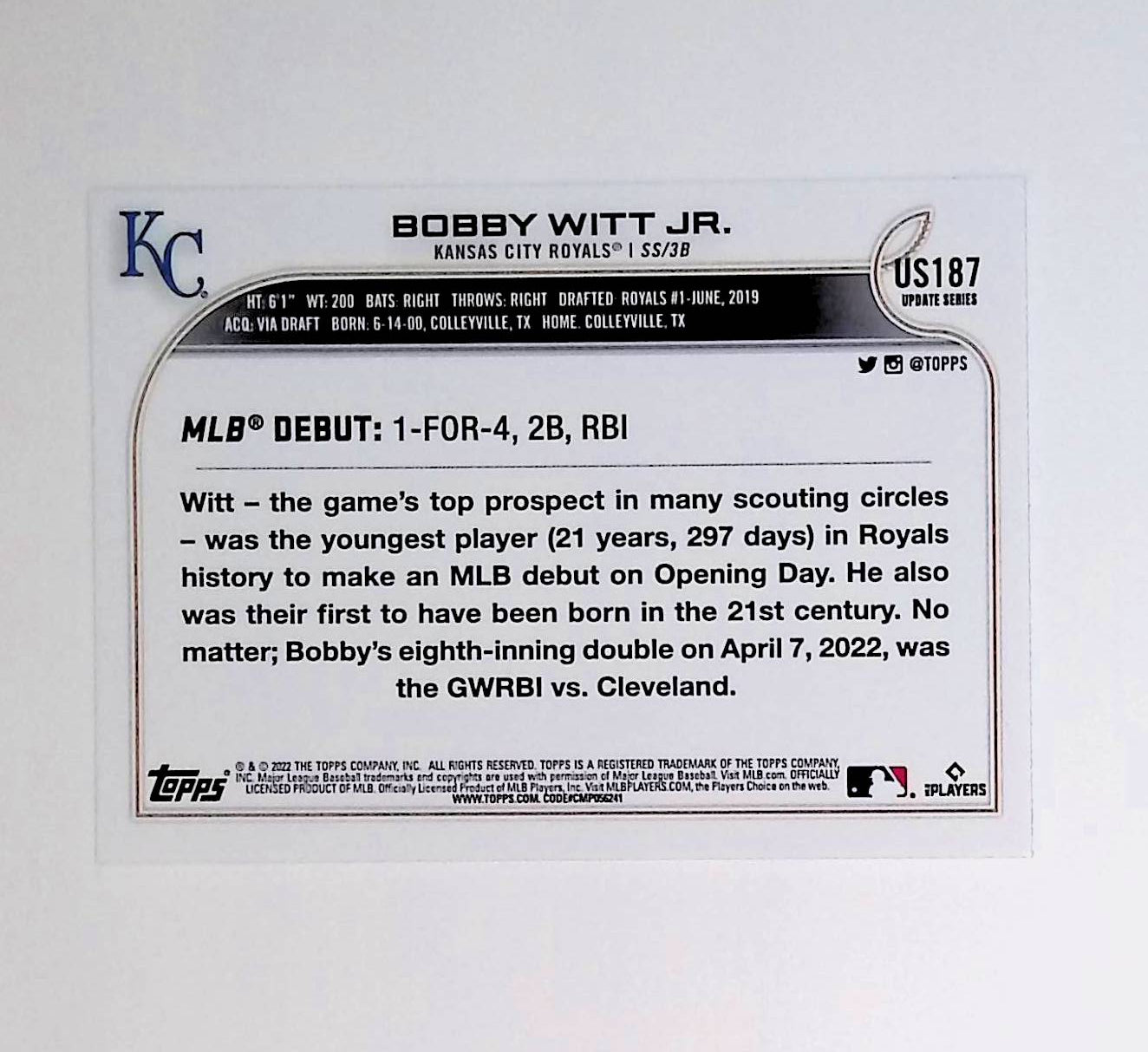 Bobby Witt Jr 2022 Topps Update #US187 (Rookie Card) - LoCo Collectables