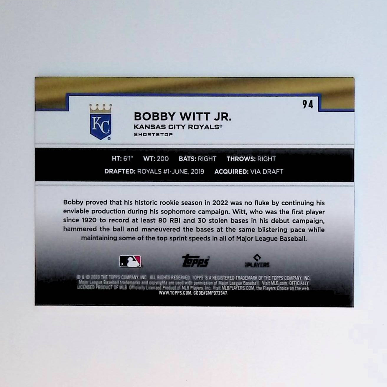 Bobby Witt Jr 2023 Topps Flagship Collection #94 - LoCo Collectables