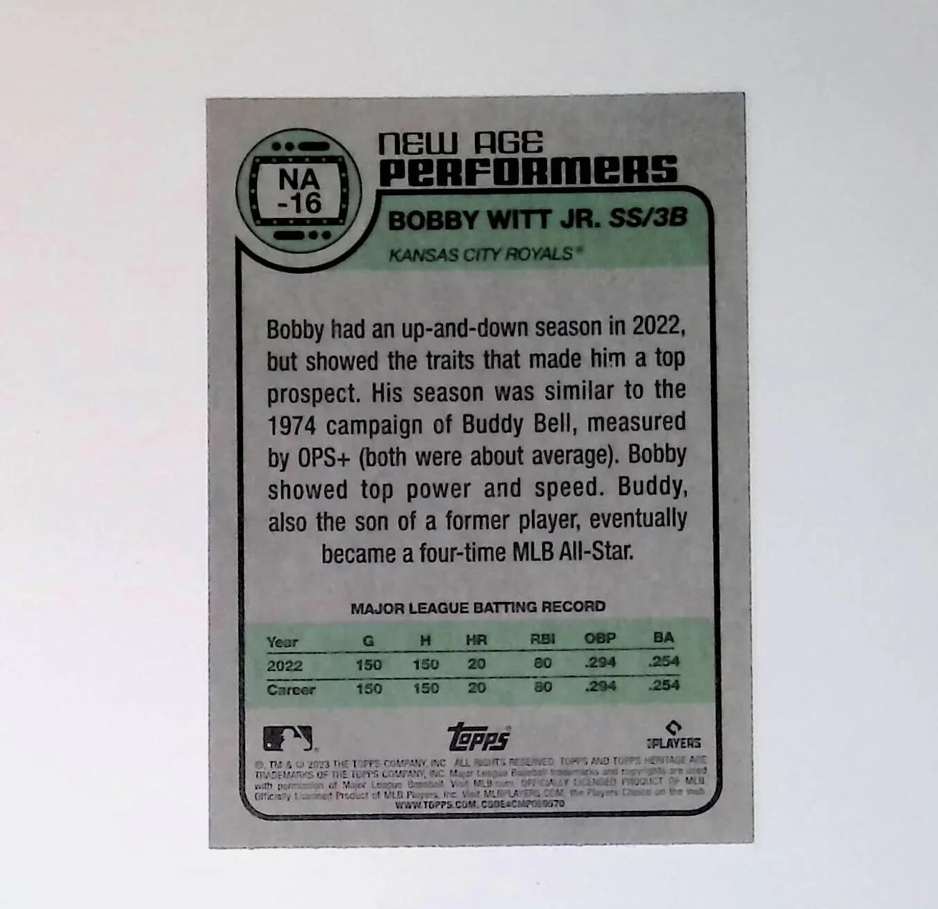 Bobby Witt Jr 2023 Topps Heritage New Age Performers #NA-16 - LoCo Collectables