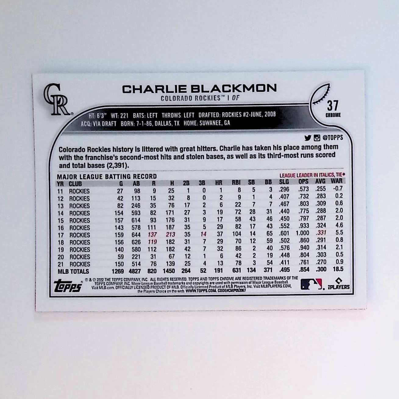 Charlie Blackmon 2022 Topps Chrome Pink Refractor #37 - LoCo Collectables