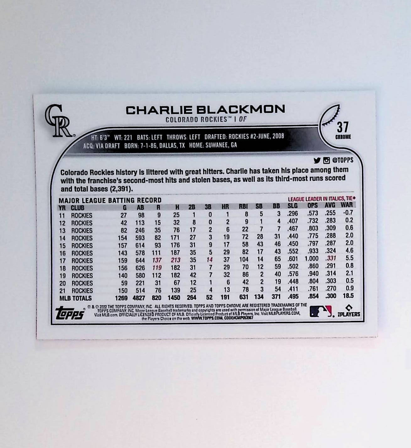 Charlie Blackmon 2022 Topps Chrome Pink Refractor #37 - LoCo Collectables