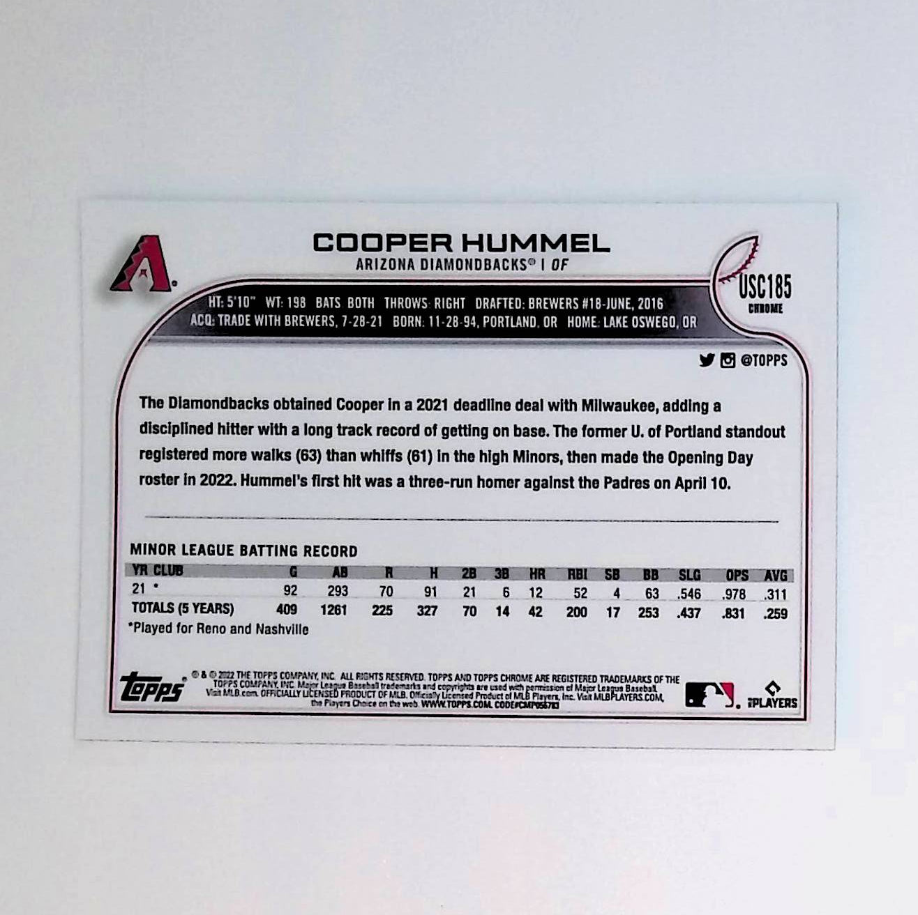 Cooper Hummel 2022 Topps Chrome Update #USC185 (Rookie Card) - LoCo Collectables