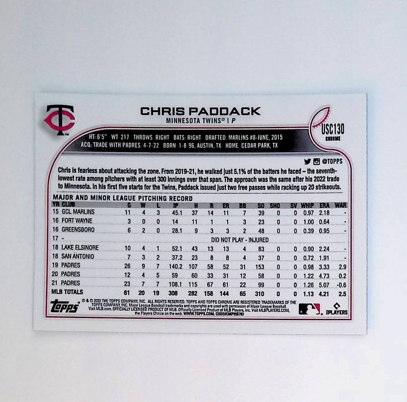 Chris Paddack 2022 Topps Chrome Update Purple Refractors #USC130 - LoCo Collectables