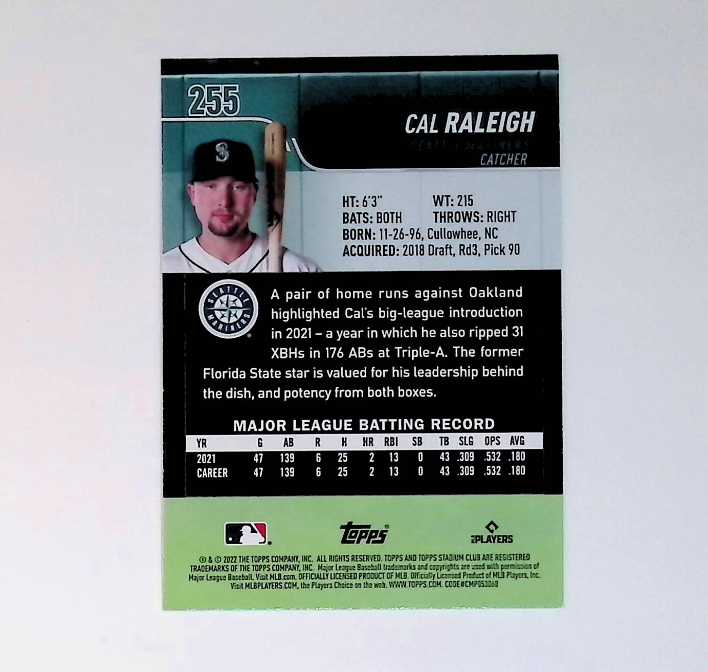 Cal Raleigh 2022 Stadium Club #255 (Rookie Card) - LoCo Collectables