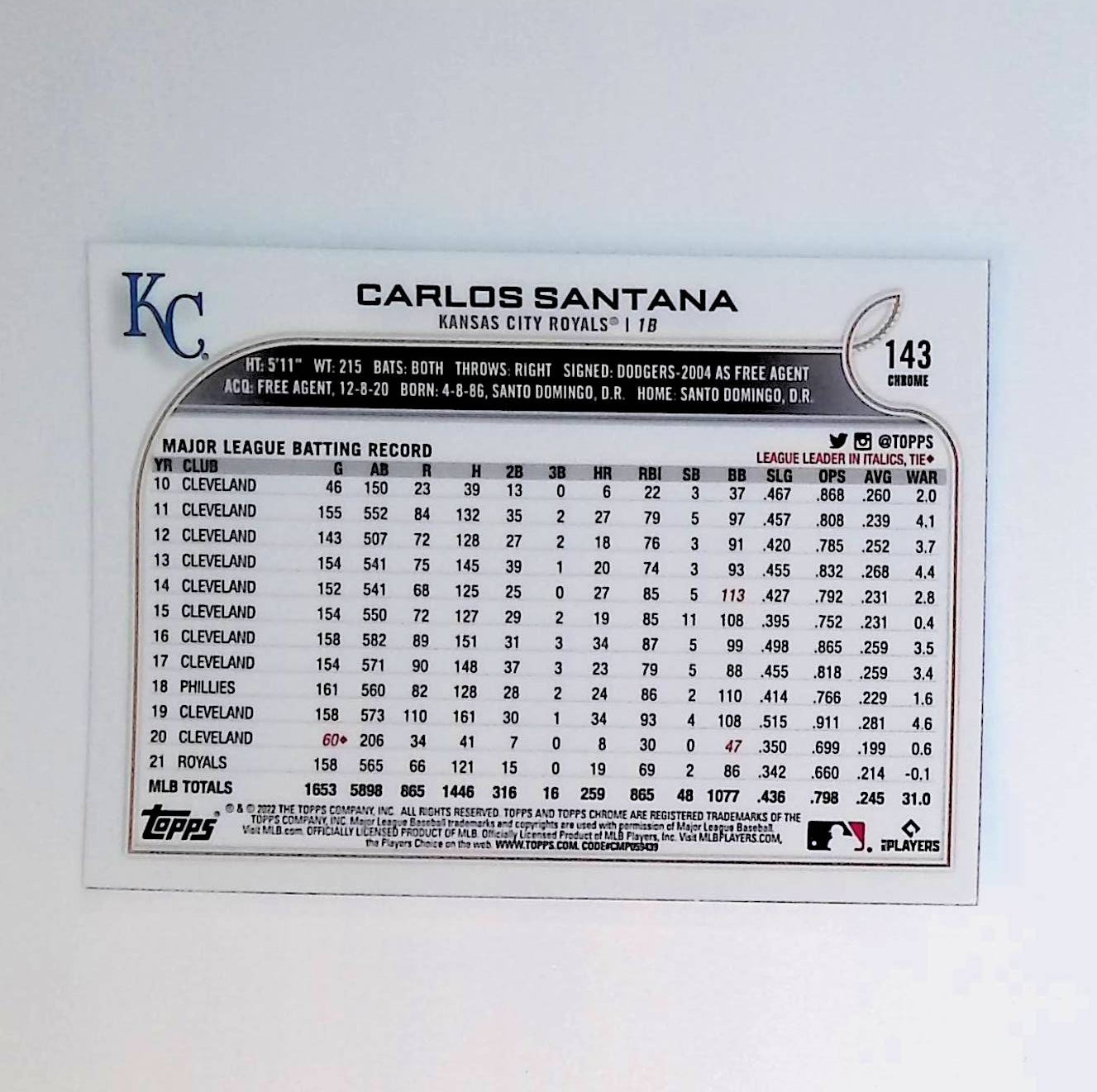 Carlos Santana 2022 Topps Chrome Sonic Black and White RayWave Refractors #143 - LoCo Collectables