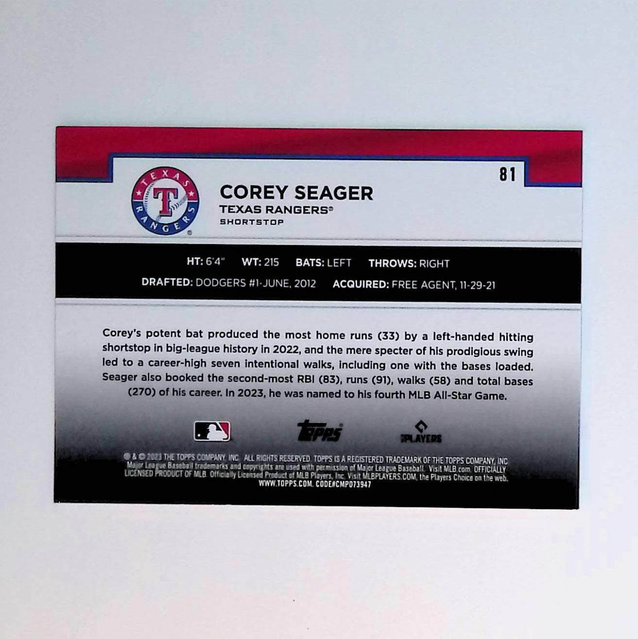 Corey Seager 2023 Topps Flagship Collection #81 - LoCo Collectables