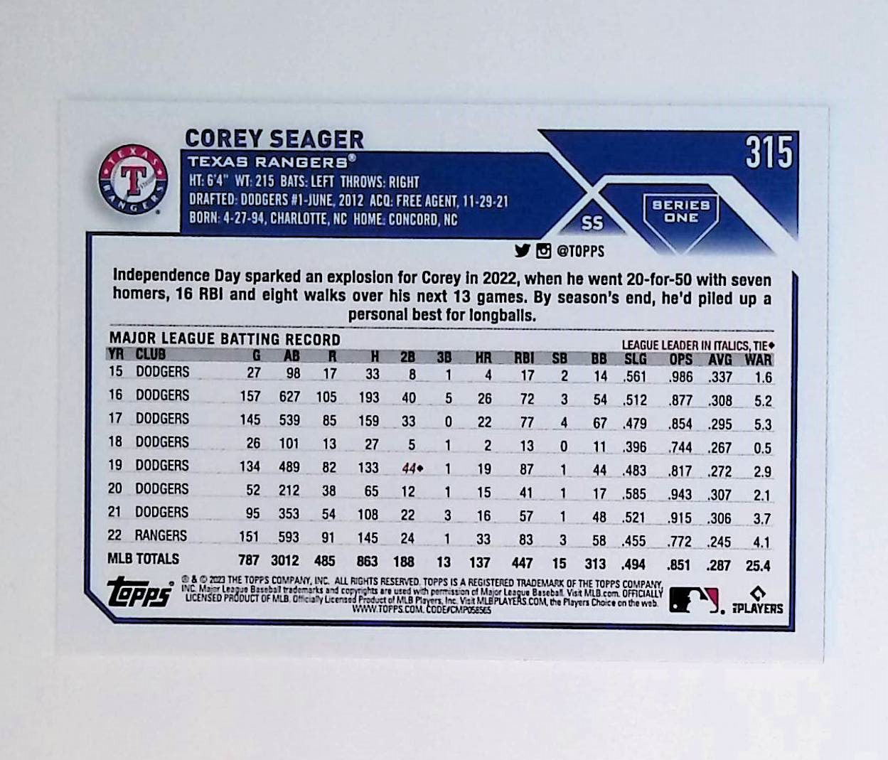 Corey Seager 2023 Topps #315 - LoCo Collectables