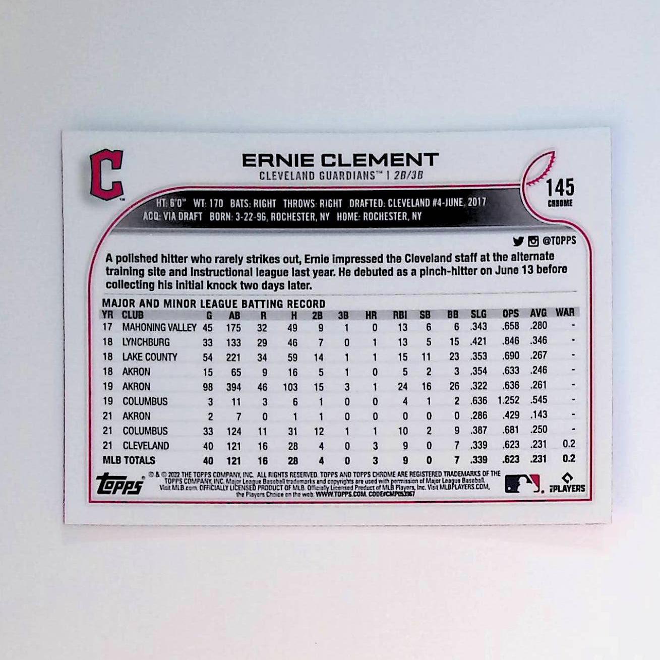 Ernie Clement 2022 Topps Chrome Pink Refractor #145 (Rookie Card) - LoCo Collectables