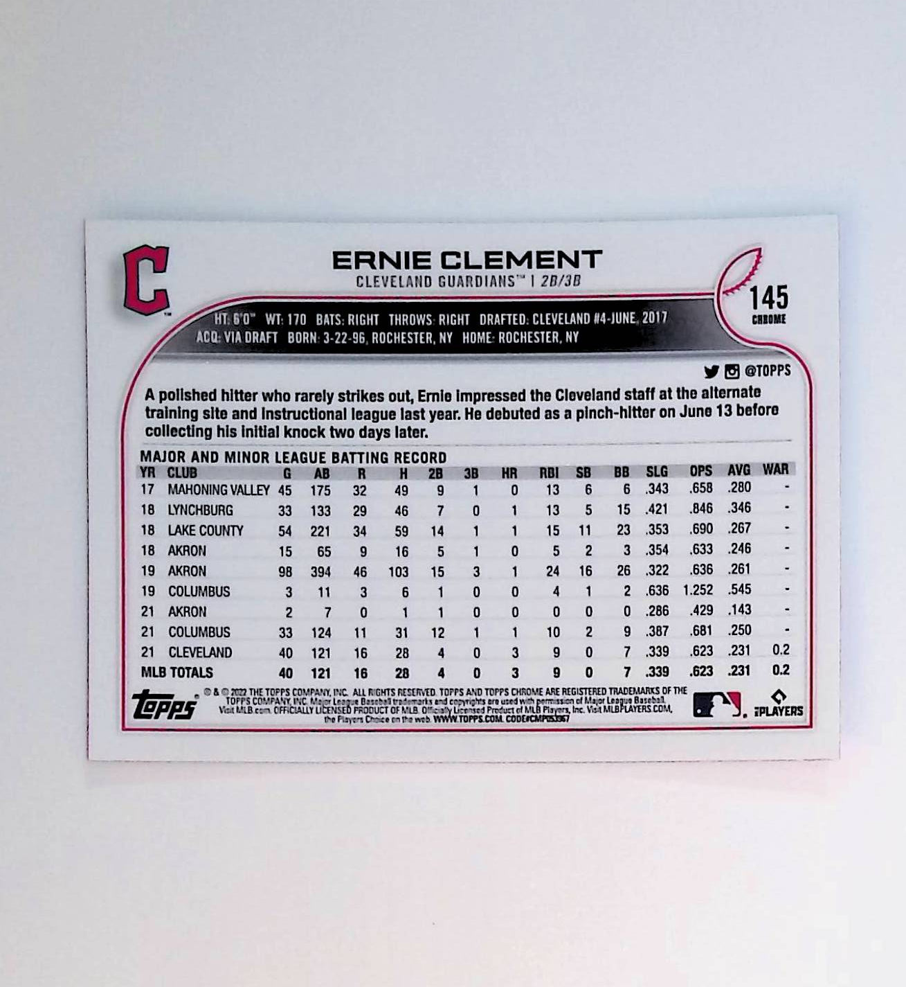 Ernie Clement 2022 Topps Chrome Pink Refractor #145 (Rookie Card) - LoCo Collectables