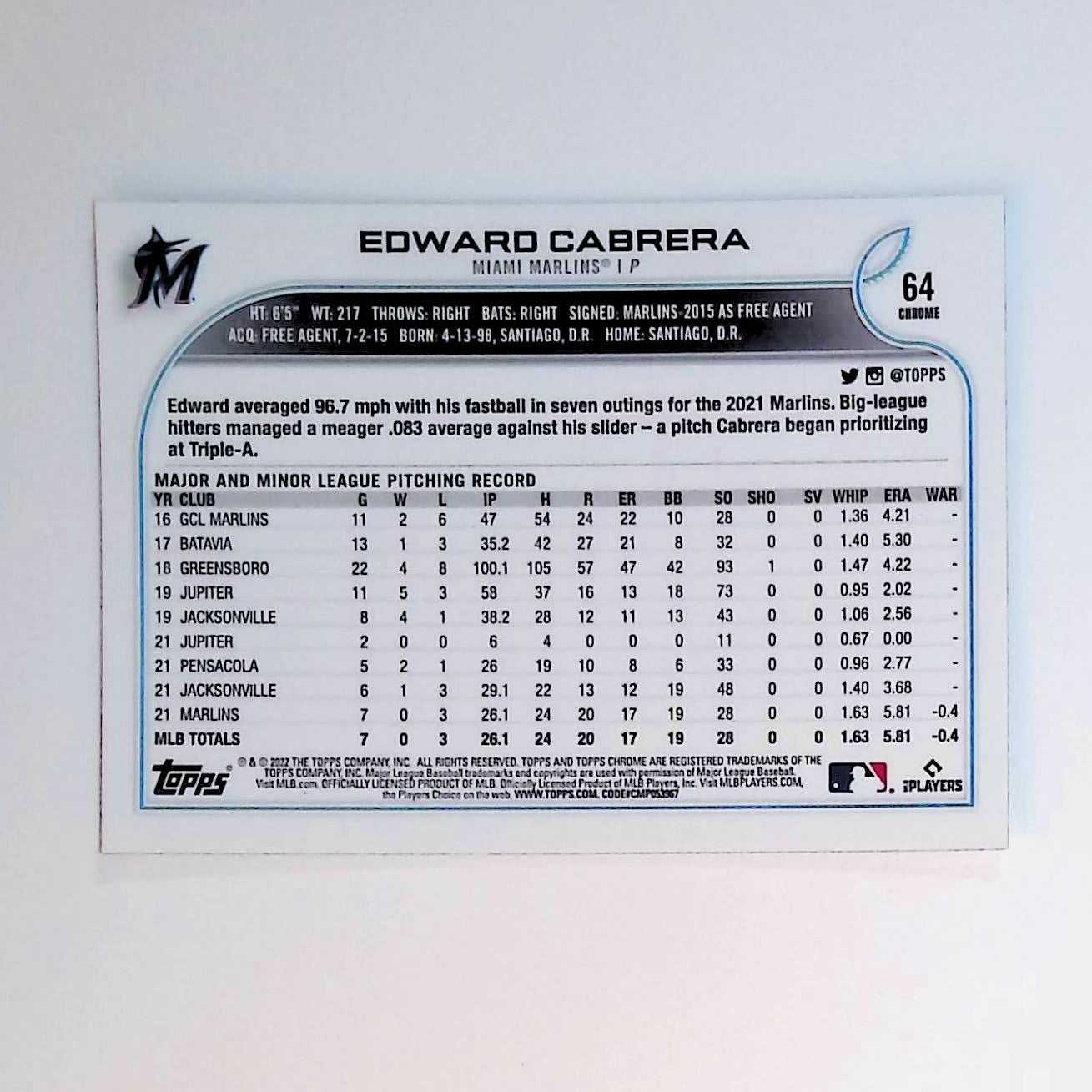 Edward Cabrera 2022 Topps Chrome Prism Refractor #64 - LoCo Collectables