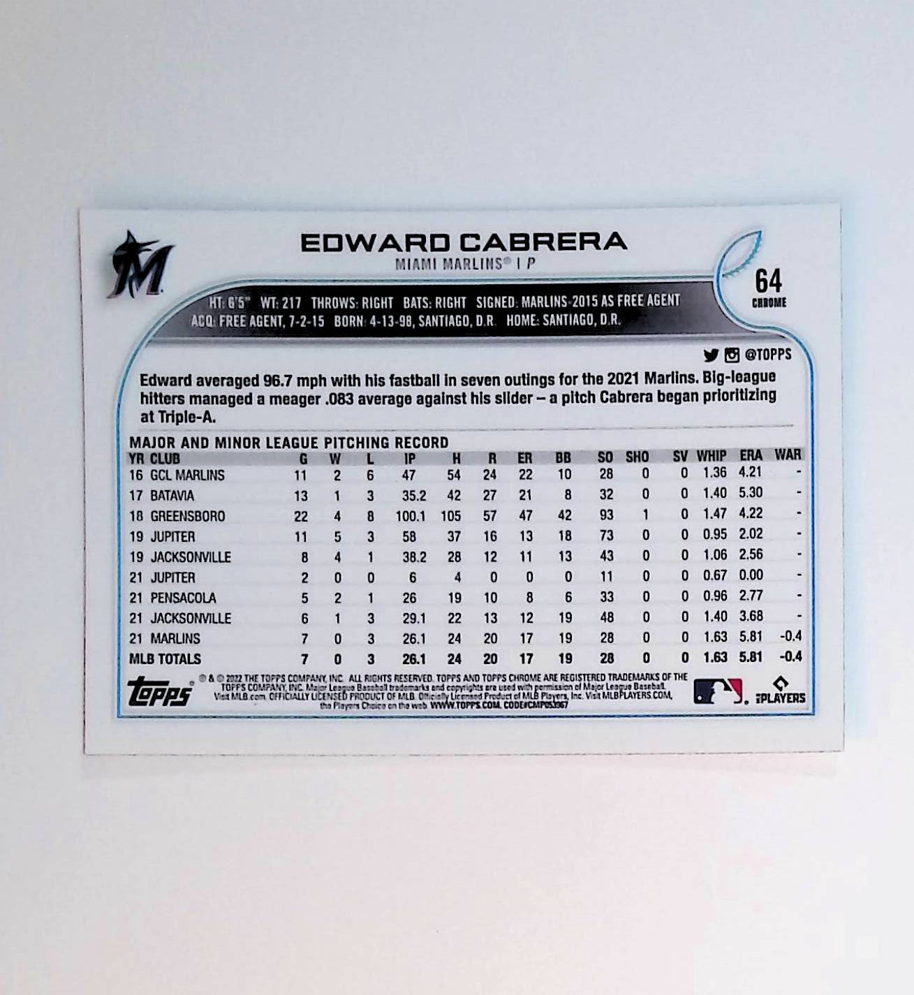 Edward Cabrera 2022 Topps Chrome Prism Refractor #64 - LoCo Collectables