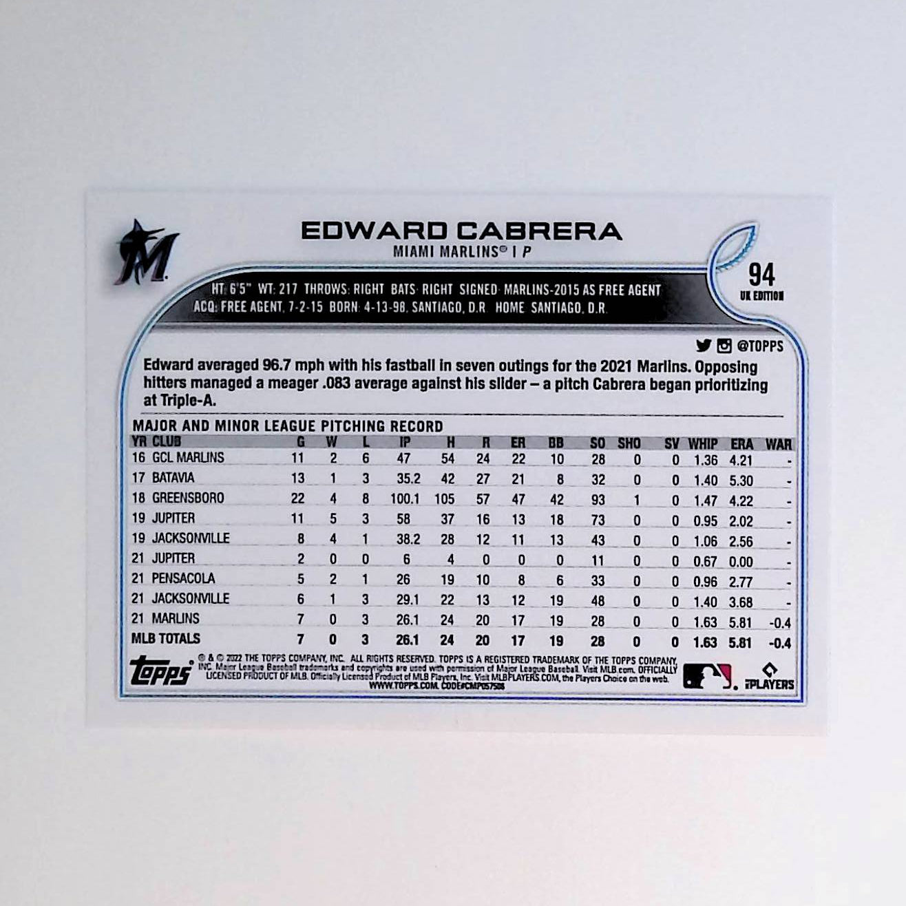 Edward Cabrera 2022 Topps UK #94 (Rookie Card) - LoCo Collectables