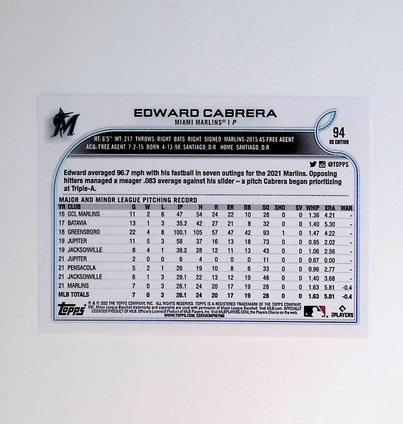 Edward Cabrera 2022 Topps UK #94 (Rookie Card) - LoCo Collectables