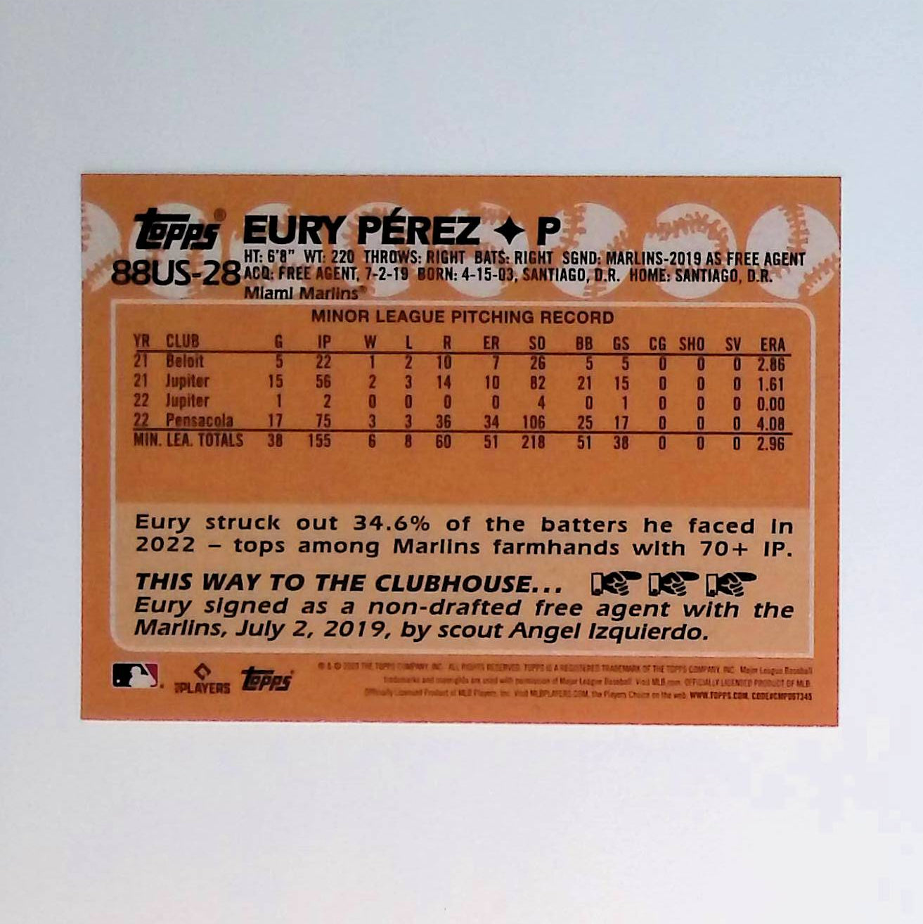 Eury Perez 2023 Topps Update '88 Topps #88US-28 (Rookie Card) - LoCo Collectables