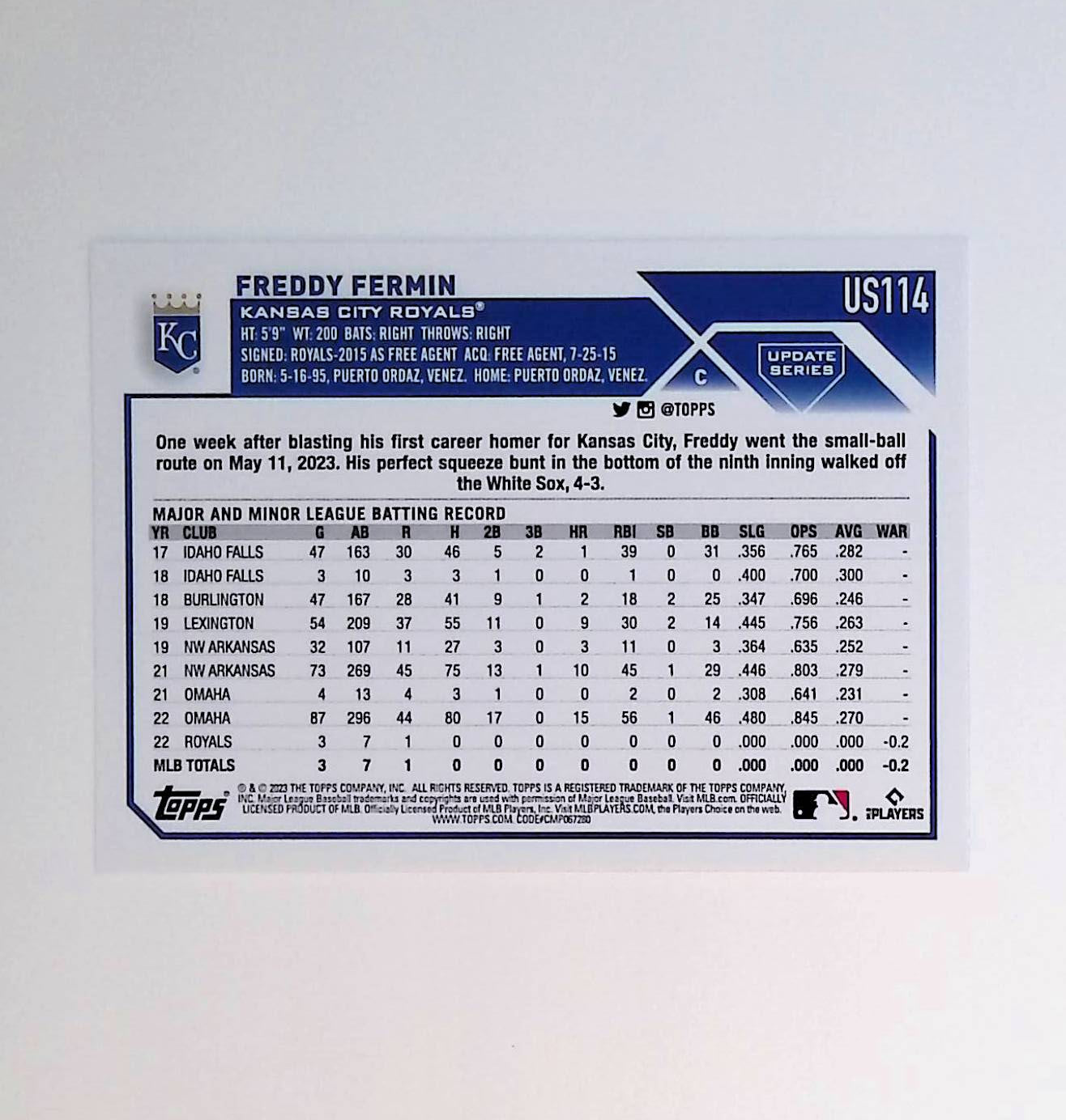 2023 Topps Update #US114 Freddy Fermin Rookie - LoCo Collectables