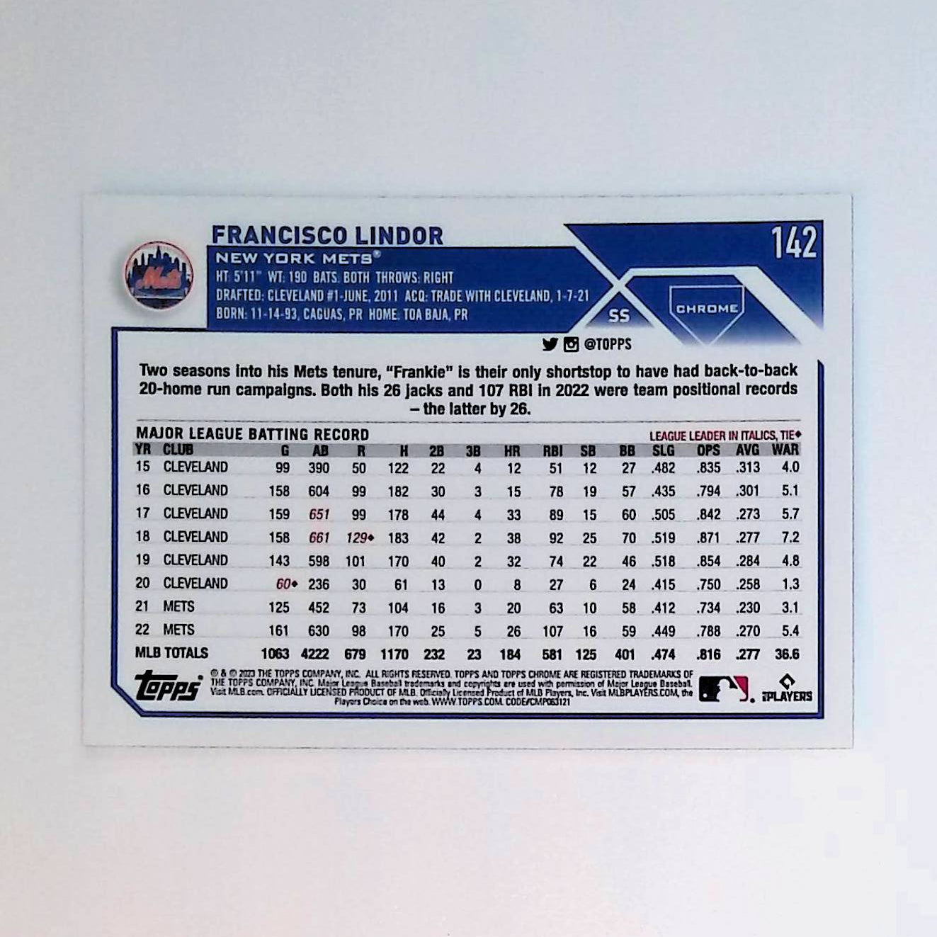 Francisco Lindor 2023 Topps Chrome #142 - LoCo Collectables