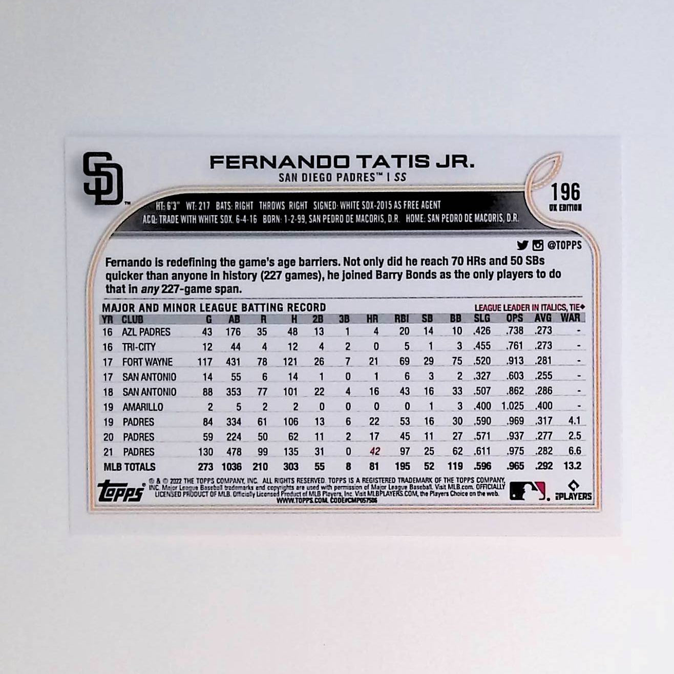 Fernando Tatis Jr 2022 Topps UK #196 - LoCo Collectables