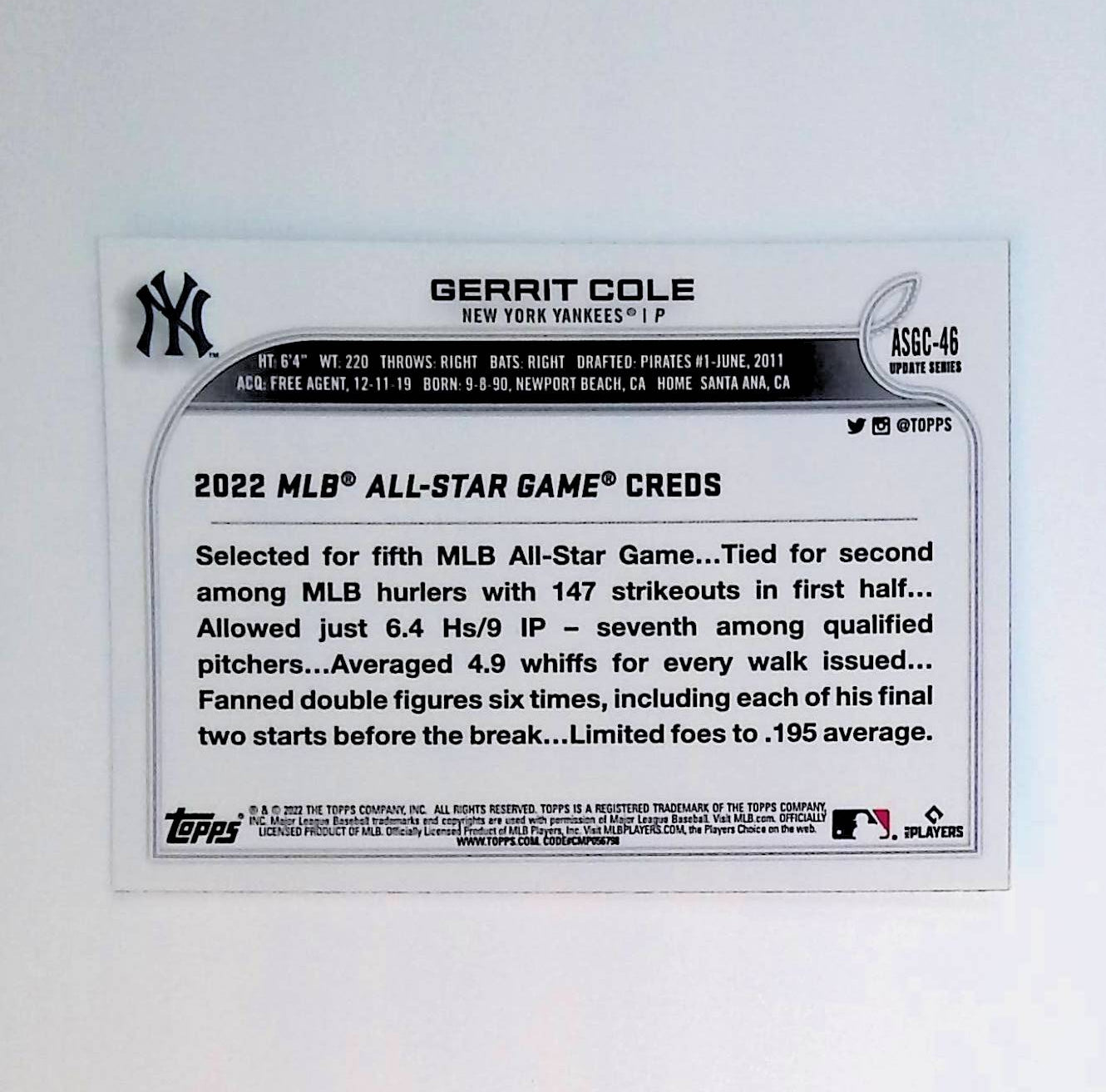 Gerrit Cole 2022 Topps Chrome Update '22 All Star Game #ASGC-46 - LoCo Collectables