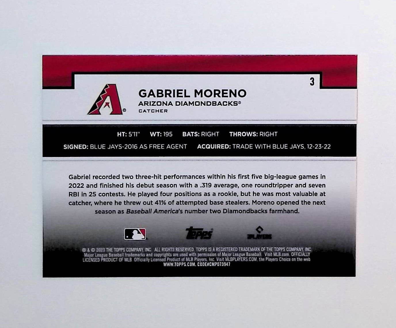 Gabriel Moreno 2023 Topps Flagship Collection #3 (Rookie Card) - LoCo Collectables