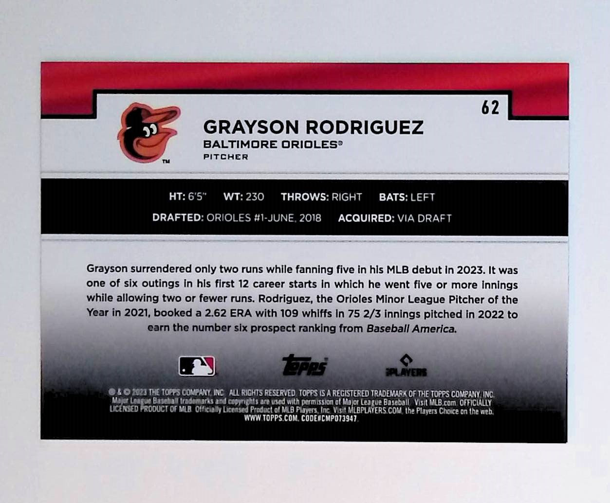 Grayson Rodriguez 2023 Topps Flagship Collection #62 (Rookie Card) - LoCo Collectables