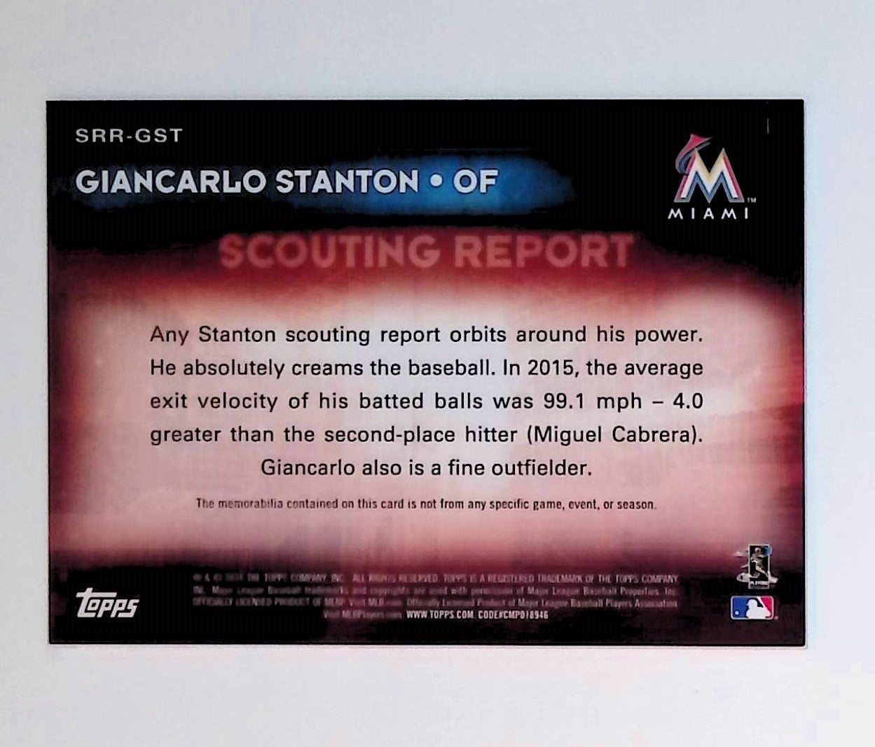 Giancarlo Stanton 2016 Topps Scouting Report Relics #SRR-GST - LoCo Collectables