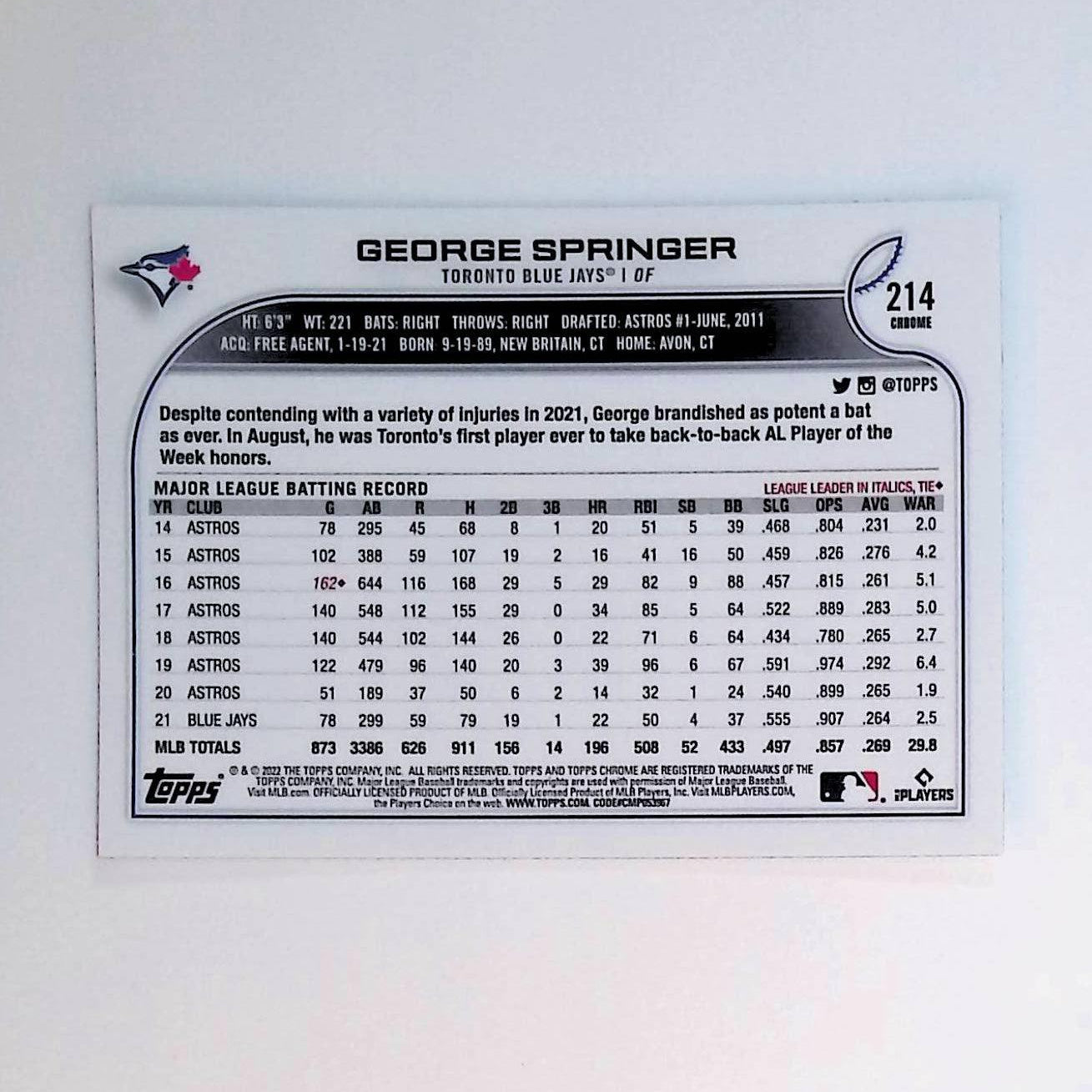 2022 Topps Chrome #214 George Springer Sepia Refractor - LoCo Collectables