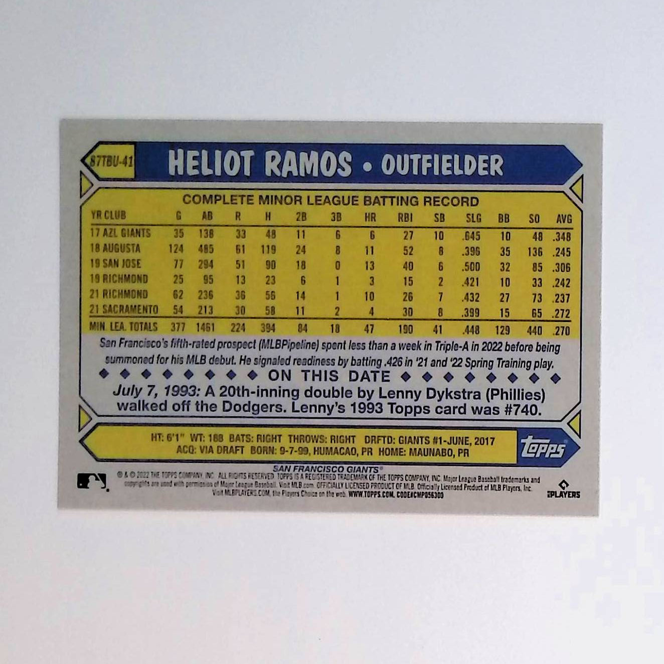 2022 Topps Update 1987 Topps #87TBU-41 Heliot Ramos Rookie - LoCo Collectables