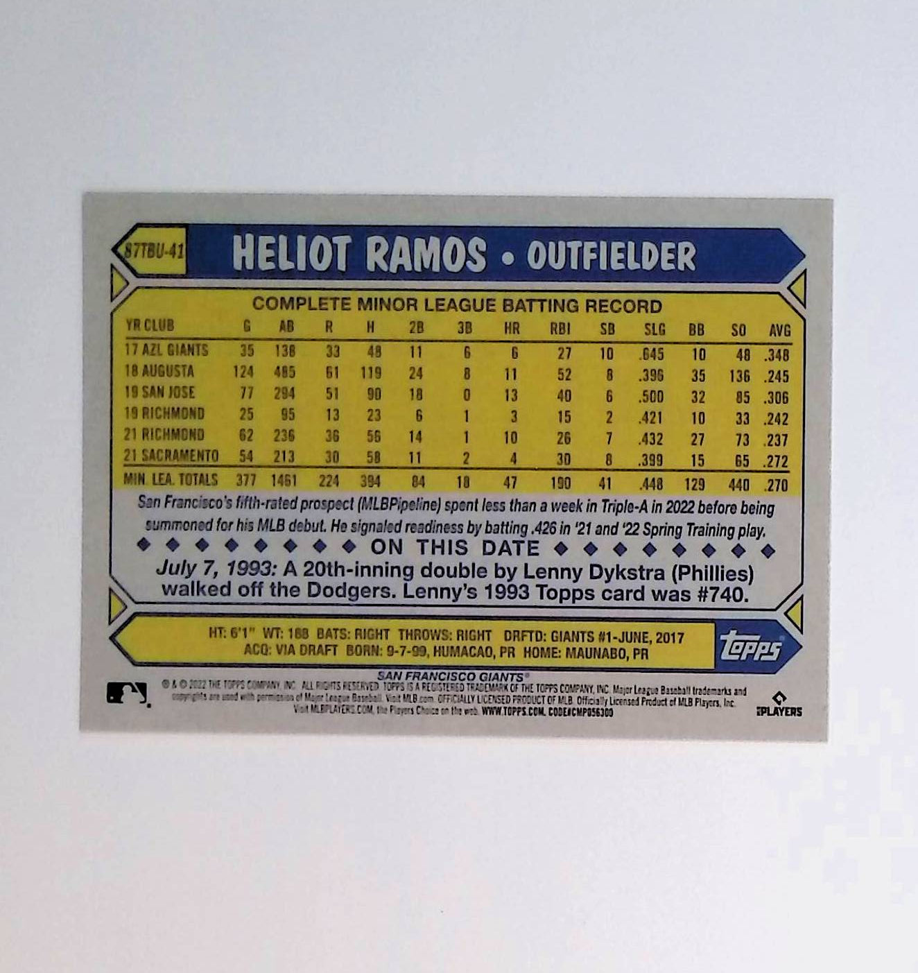 2022 Topps Update 1987 Topps #87TBU-41 Heliot Ramos Rookie - LoCo Collectables