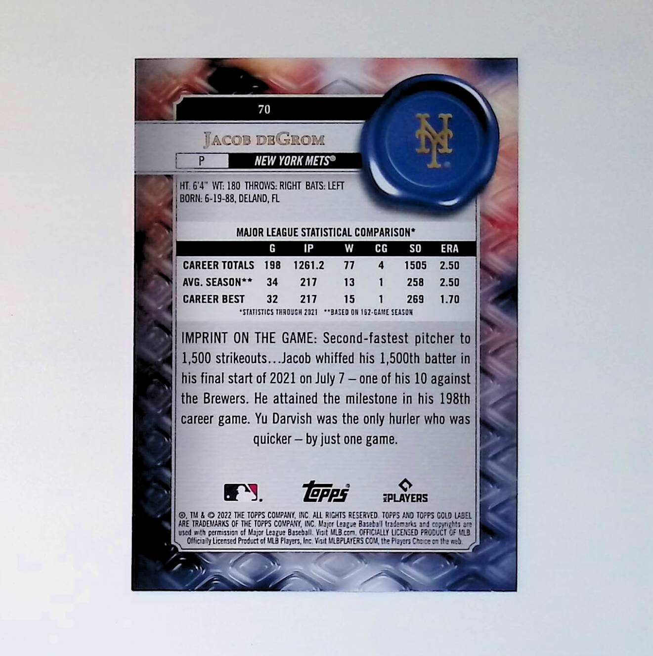 Jacob DeGrom 2022 Topps Gold Label Class 1 #70 - LoCo Collectables