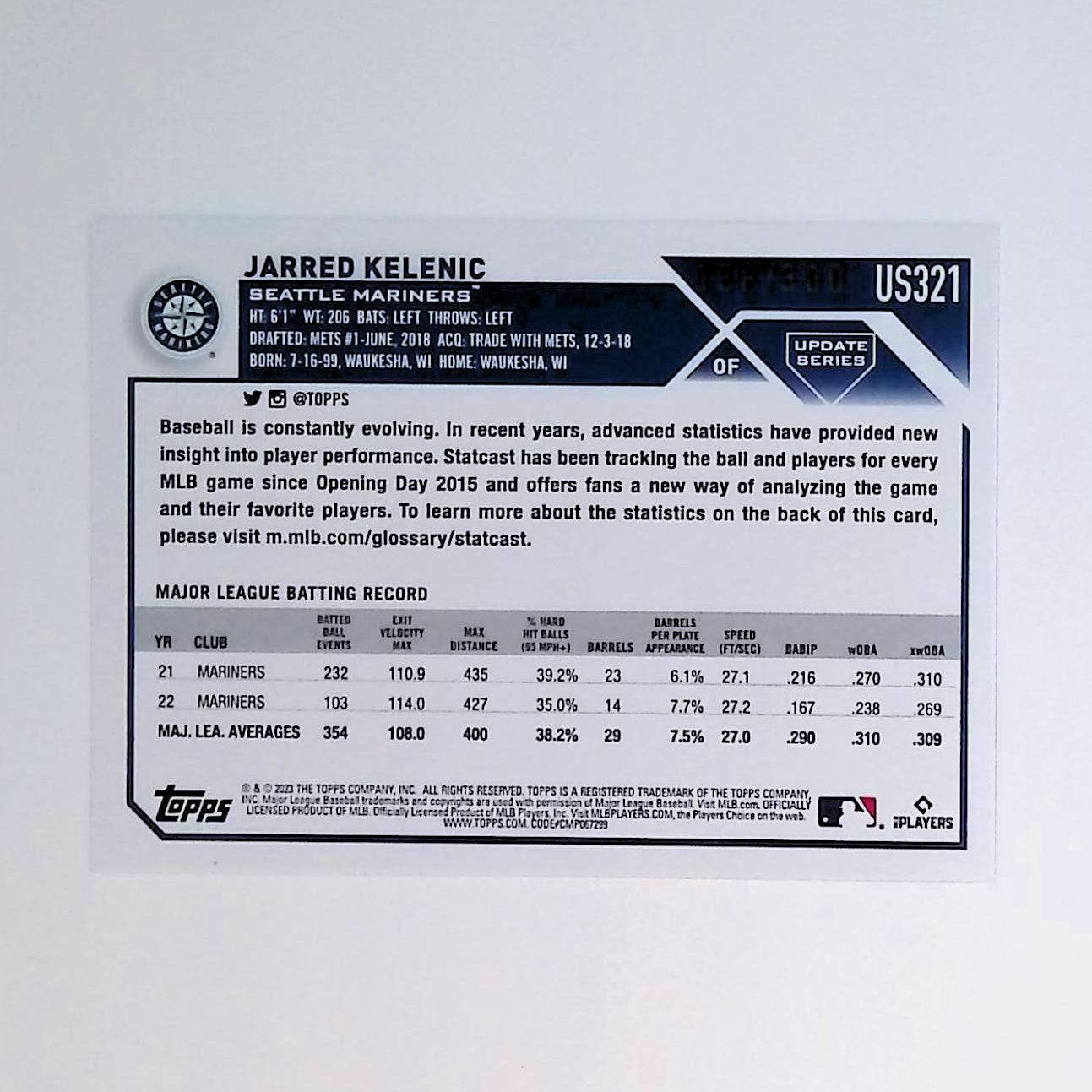 Jarred Kelenic 2023 Topps Update Advanced Stats #US321 138/300 - LoCo Collectables