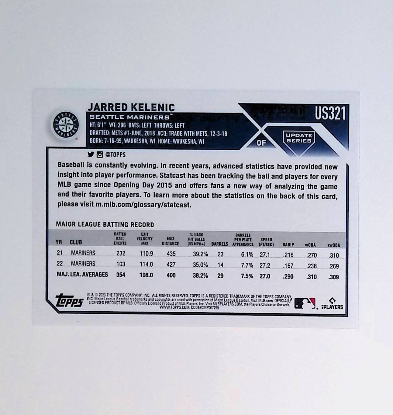 Jarred Kelenic 2023 Topps Update Advanced Stats #US321 138/300 - LoCo Collectables