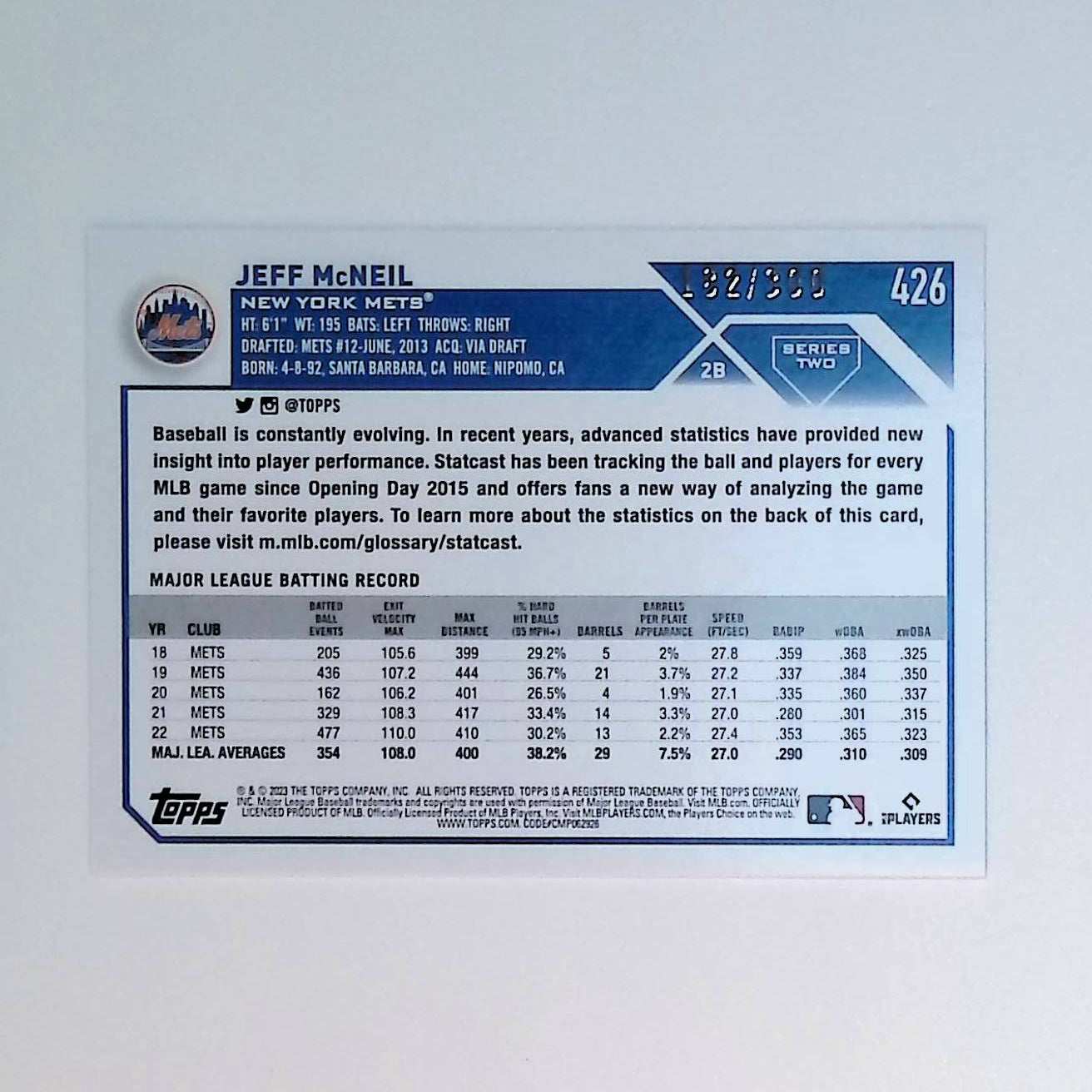 Jeff McNeil 2023 Topps Advanced Stats #426 182/300 - LoCo Collectables