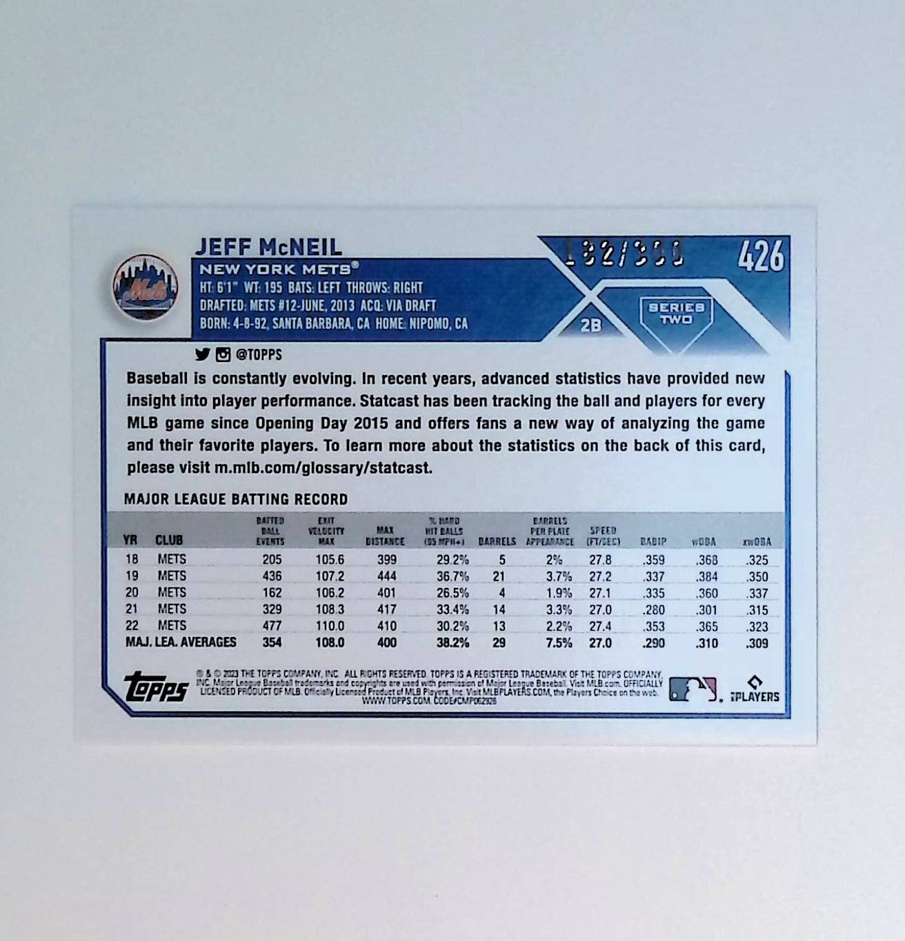 Jeff McNeil 2023 Topps Advanced Stats #426 182/300 - LoCo Collectables