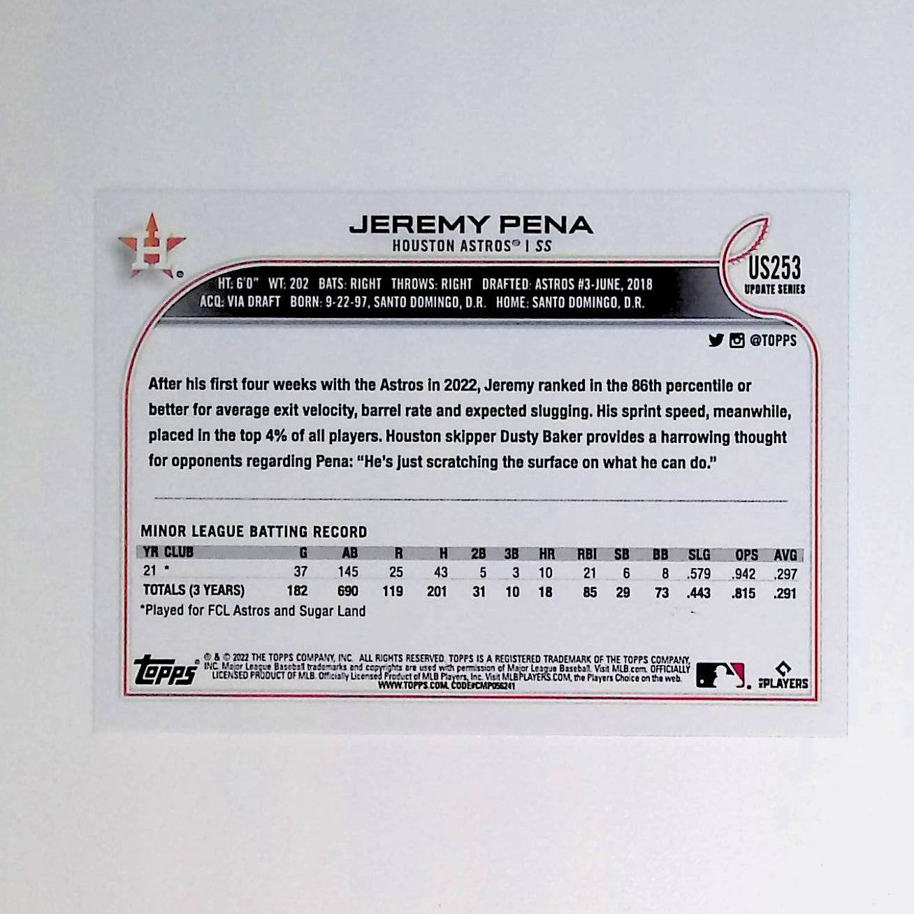 Jeremy Pena 2022 Topps Update #US253 (Rookie Card) - LoCo Collectables