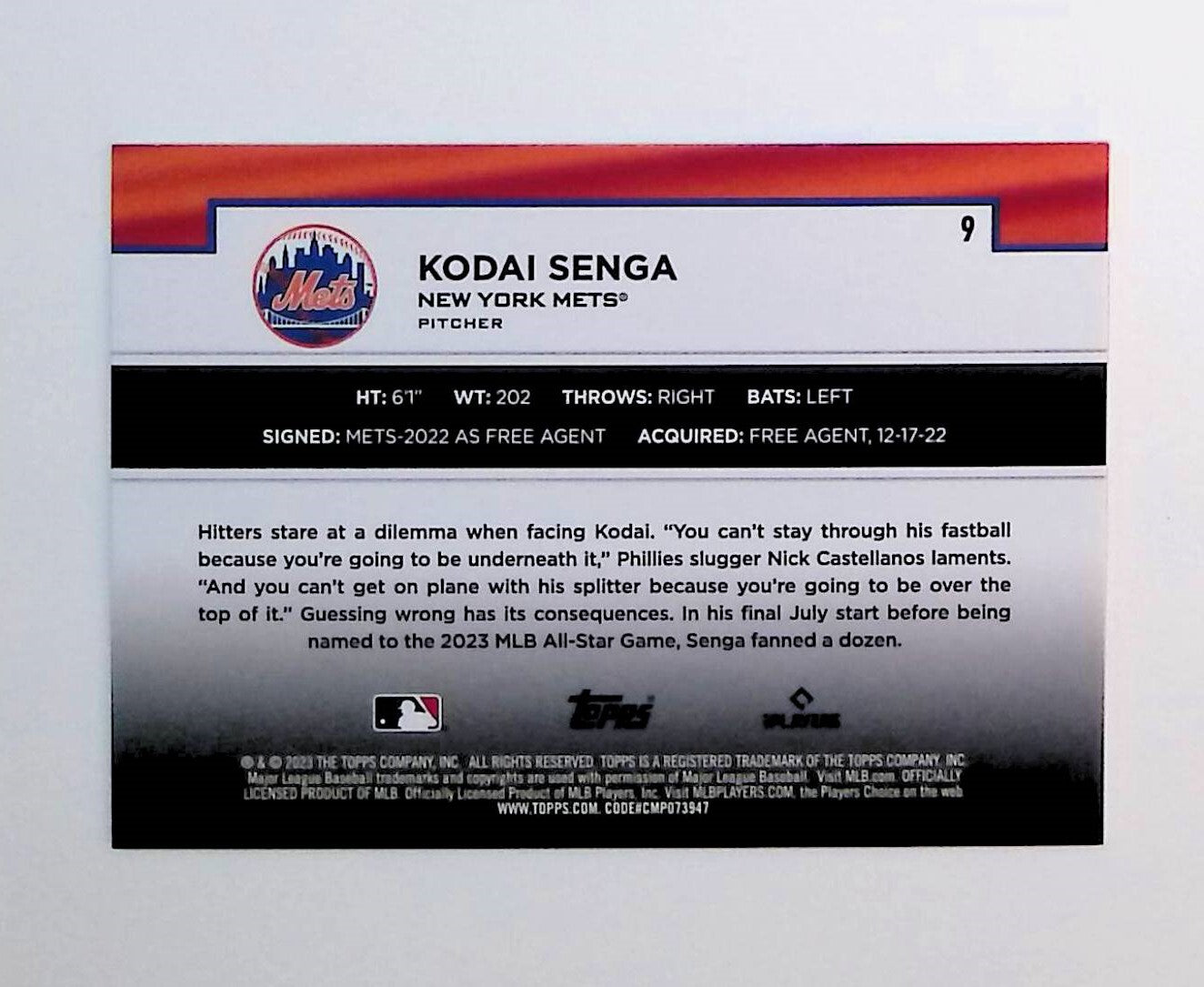 Kodai Senga 2023 Topps Flagship Collection #9 (Rookie Card) - LoCo Collectables