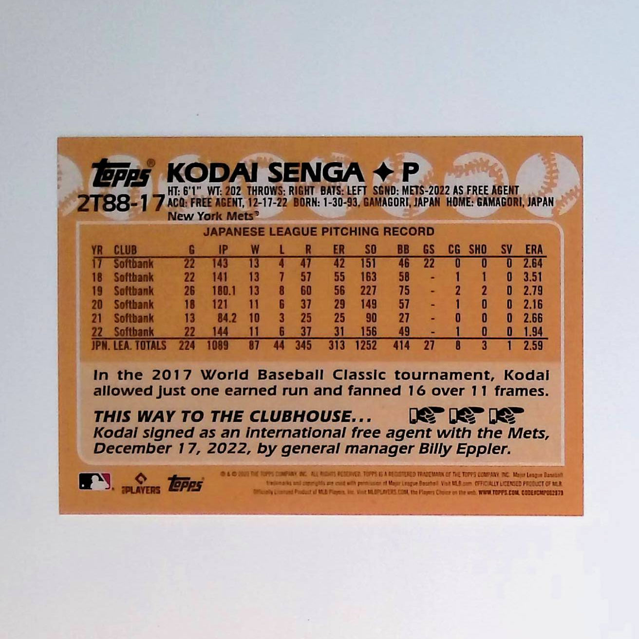 Kodai Senga 2023 Topps '88 Topps #2T88-17 (Rookie Card) - LoCo Collectables