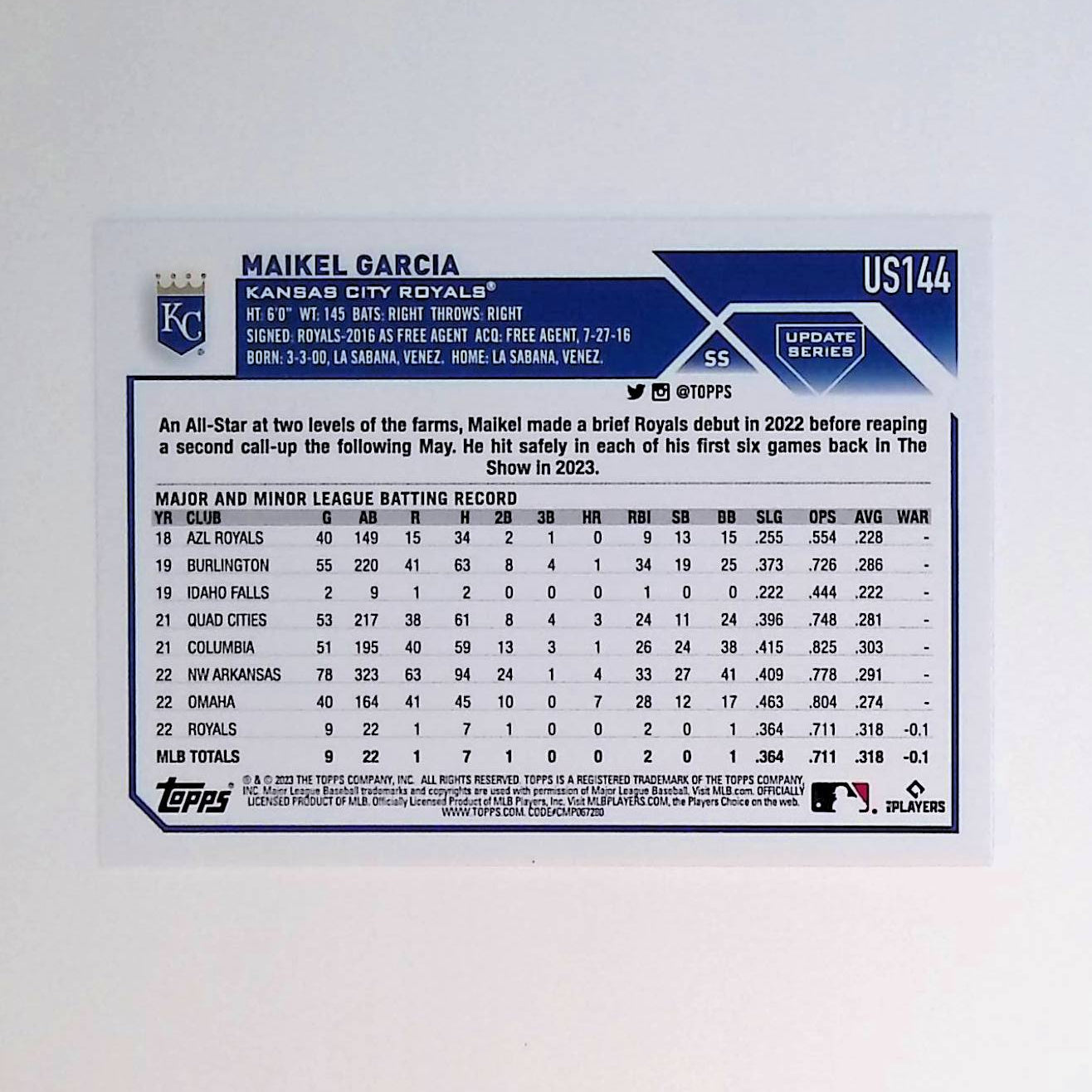 Maikel Garcia 2023 Topps Update #US144 (Rookie Card) - LoCo Collectables