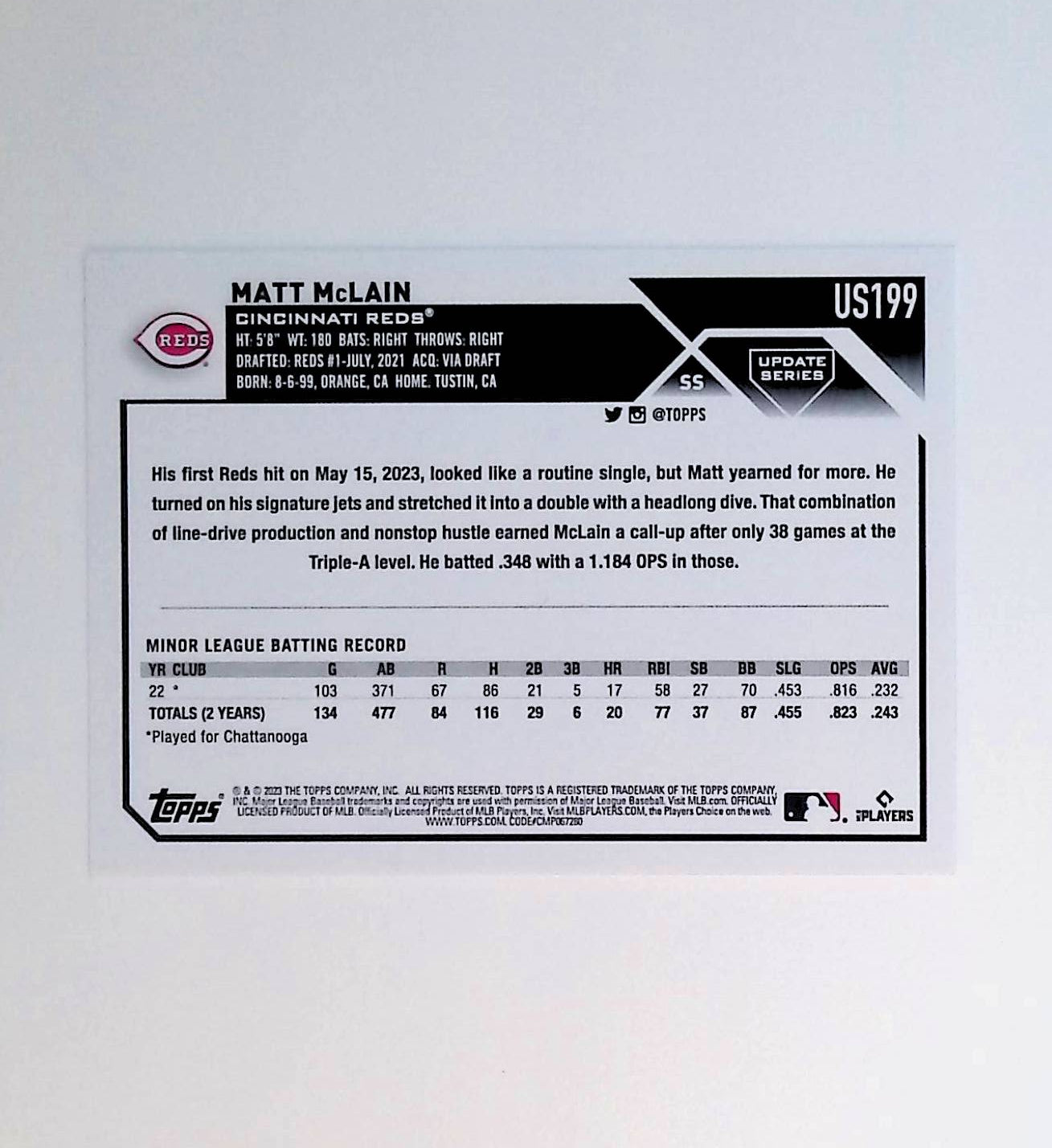 Matt McLain 2023 Topps Update #US199 (Rookie Card) - LoCo Collectables