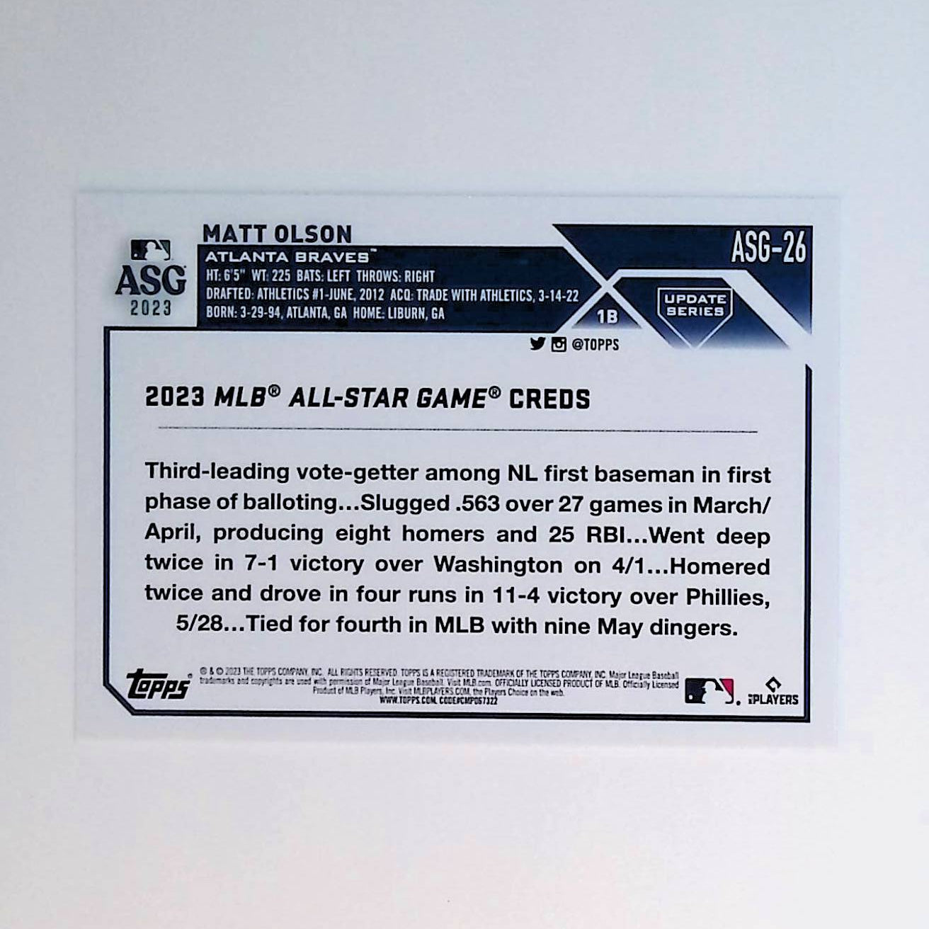 Matt Olson 2023 Topps Update '23 All-Star Game #ASG-26 - LoCo Collectables