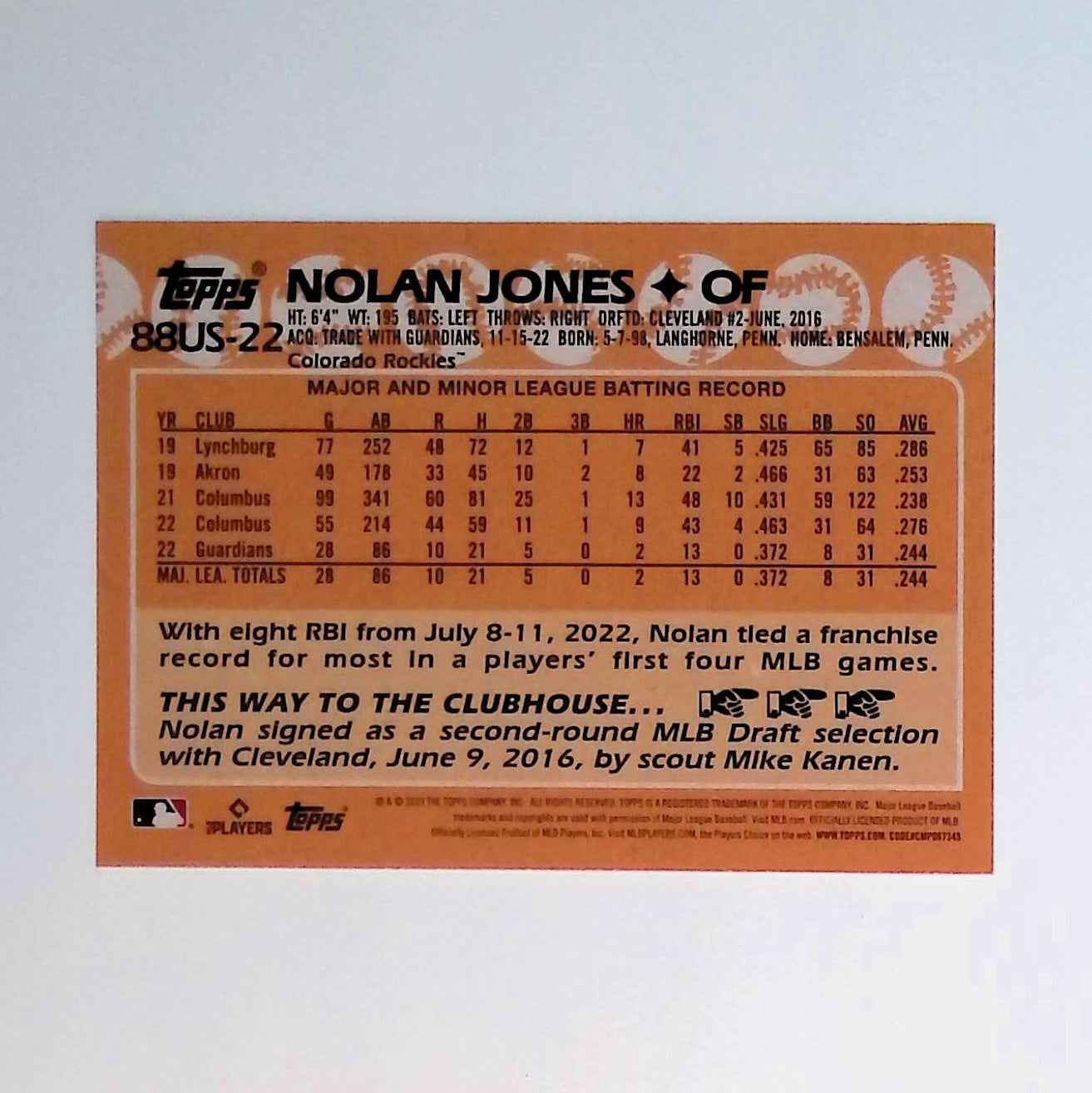 Nolan Jones 2023 Topps Update '88 Topps #88US-22 (Rookie Card) - LoCo Collectables